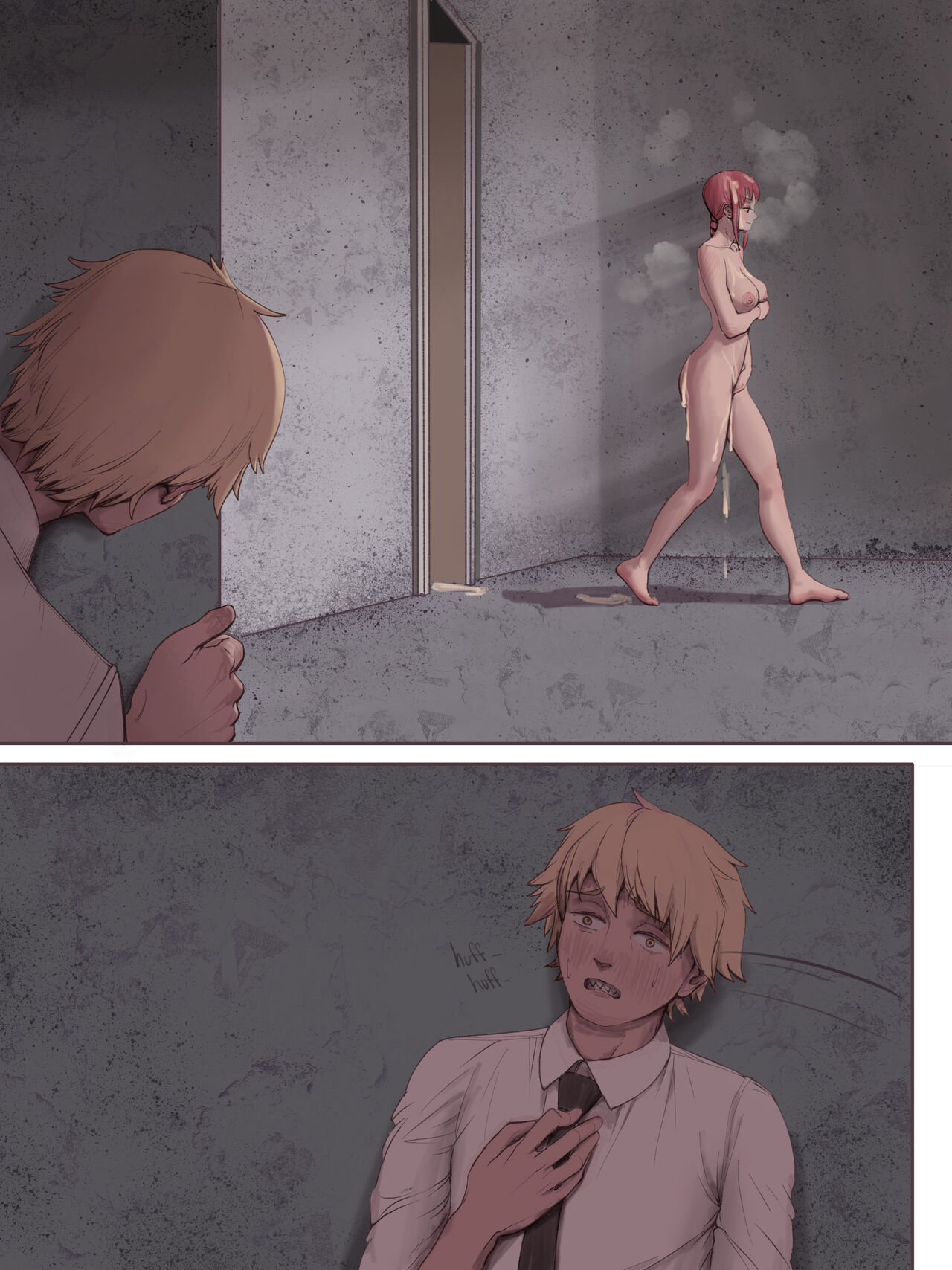 1boy, 1girls, barefoot, breasts, chainsaw man, comic, comic page, covered in cum, covering breasts, covering crotch, cuck, cucked by monster, cuckold, cum, denji (chainsaw man), excessive cum, feet, female, footprint, human, human only, makima (chainsaw man), male, wjs07