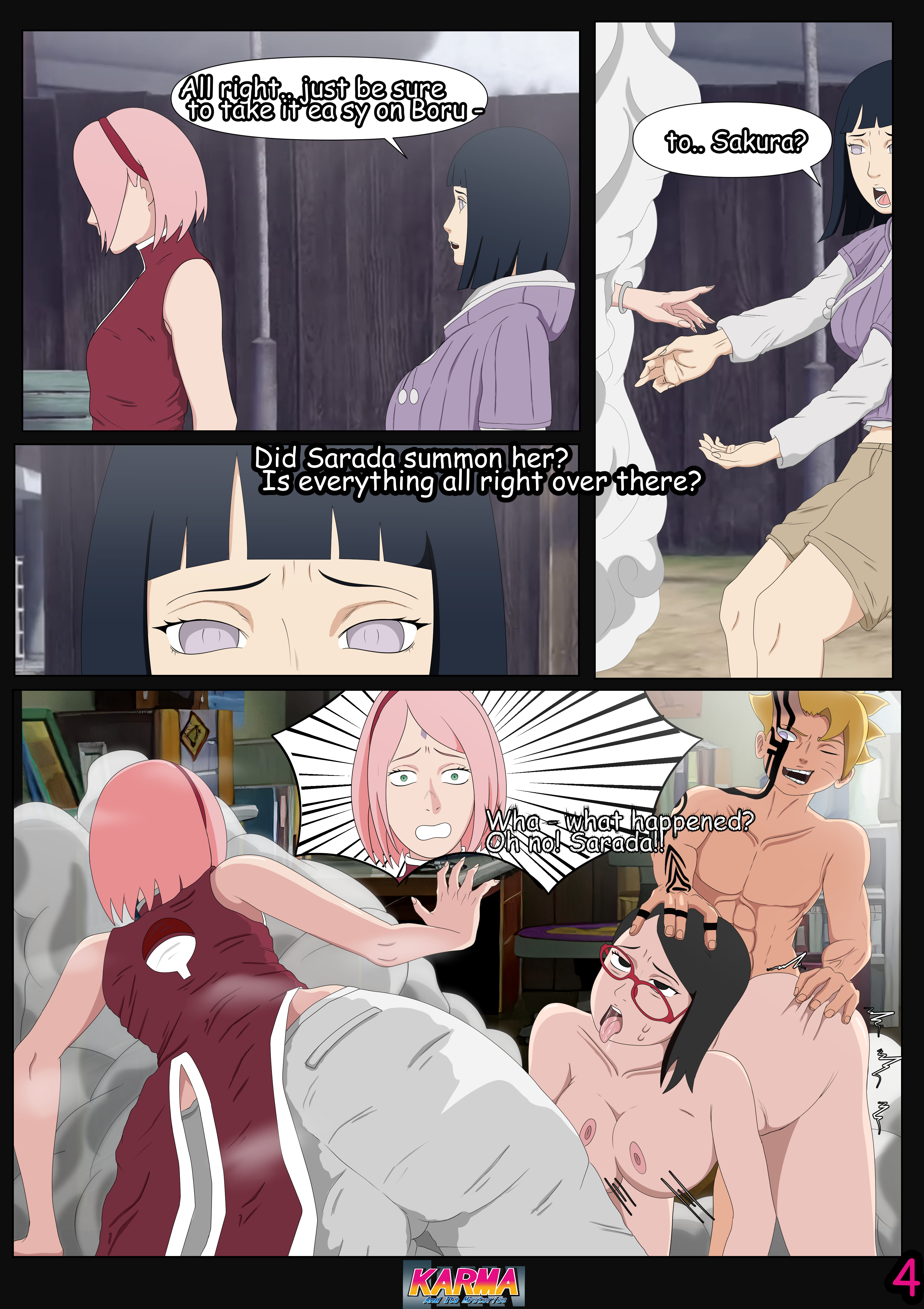 1boy, 3girls, anal, anal sex, boruto: naruto next generations, comic page, dialogue, doggy style, english text, erogakure, female, haruno sakura, head grab, hyuuga hinata, male, milf, multiple females, multiple girls, naruto, naruto (series), nude, page 4, sakura haruno, sarada uchiha, sex, surprised, surprised expression, text, uchiha sakura, uchiha sarada, uzumaki boruto, uzumaki hinata