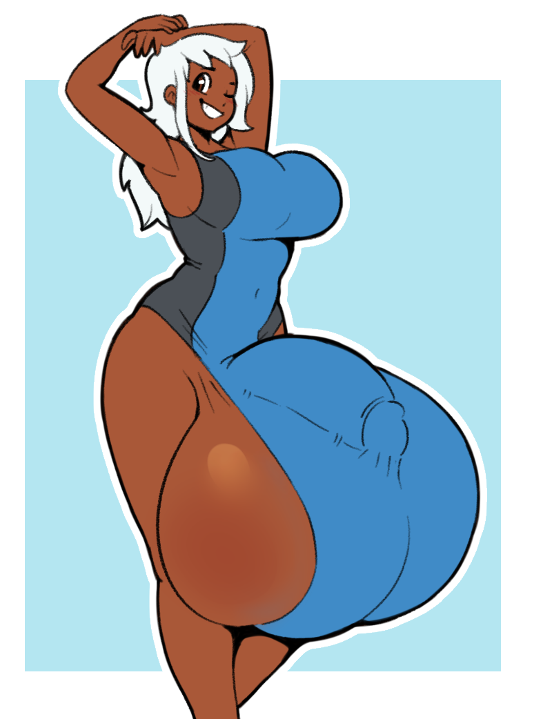 1futa, 2018, angstrom, arms above head, arms up, balls, balls expansion, balls growth, balls growth (enlargement), breasts, bulge, clothed, clothing, dark skin, dark-skinned futa, flaccid, futa only, futanari, genital expansion, genital growth, genital growth (enlargement), gigantic balls, gigantic testicles, huge balls, huge cock, huge penis, huge testicles, human, hyper, hyper balls, intersex, large breasts, long hair, mostly clothed, original character, oversized balls, penis, penis growth, solo, standing, swimsuit, testicles, thick thighs, tight clothing, white hair, wide hips