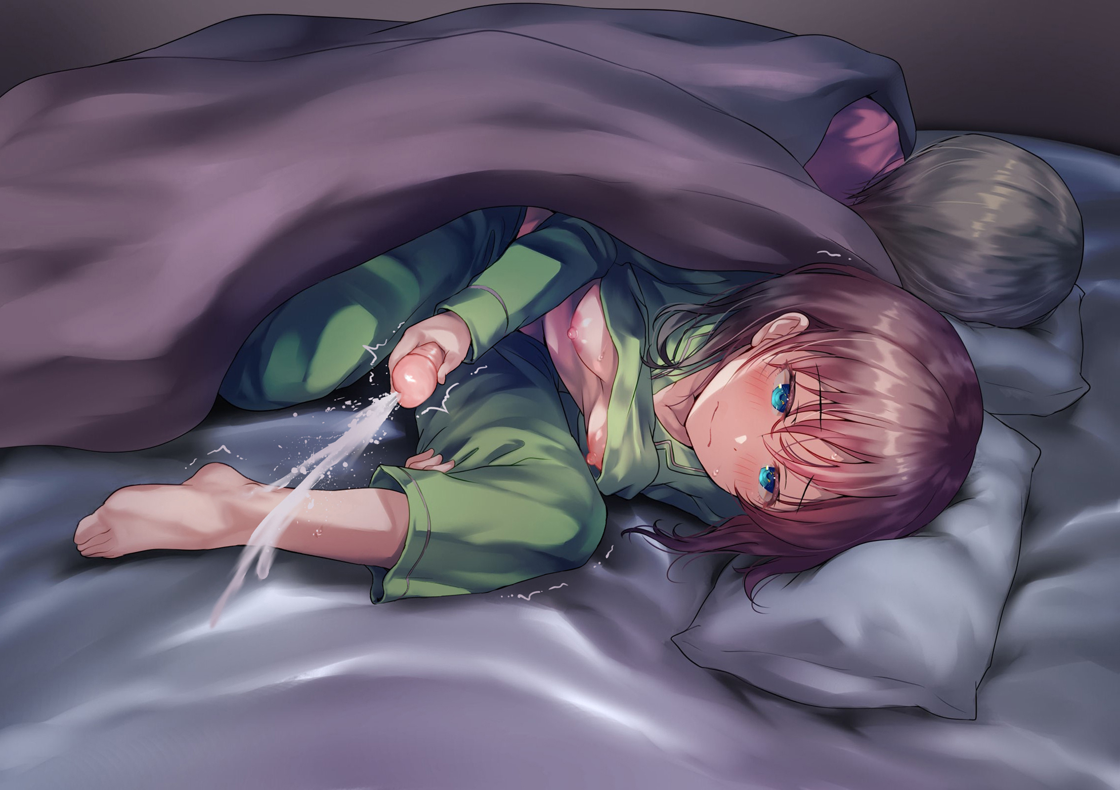 1futa, 1girls, areolae, ayanakitori, bed, big penis, blanket, blush, breasts, brown hair, clothed, clothing, cum, decensored, duo, ejaculation, erection, female, futa focus, futanari, human, intersex, light skin, light-skinned futa, masturbation, mostly clothed, nipples, pajamas, penis, sleeping, solo focus, stealth masturbation, uncensored