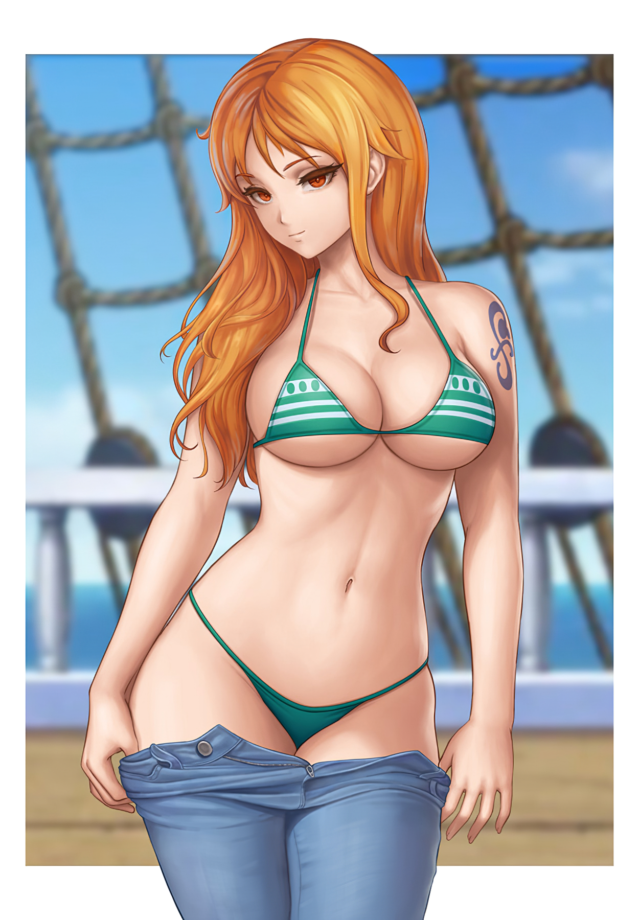 1girls, arm tattoo, big breasts, bikini, bikini bottom, blue tattoo, breasts, female, female only, flowerxl, jeans, lowered pants, nami (one piece), nipples, one piece, orange hair, orange-haired female, pants pull, pirate, post-timeskip, see-through clothing, solo, striped bikini, tattoo, thick, thick thighs, thighs, thin waist, undressing, wide hips