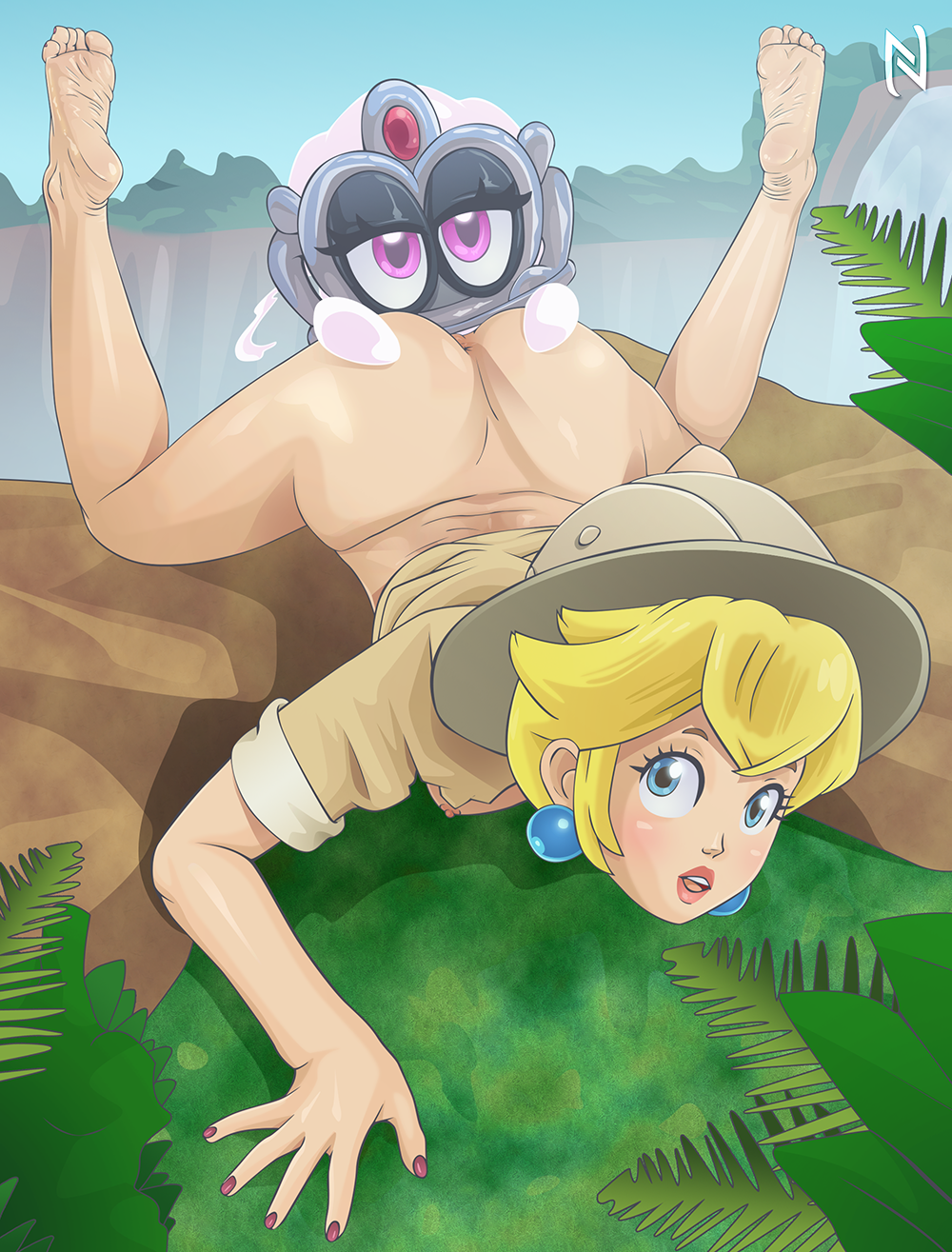 2girls ass ass_grab bedroom_eyes blonde_hair blue_eyes bottomless butt earrings feet feet_up female female_human female_only ghost half-closed_eyes hat human light-skinned_female light_skin lips lipstick mario_(series) multiple_girls nail_polish nearphotison nintendo nipples open_mouth pink_eyes princess_peach safari_hat soles spirit super_mario_odyssey thick thick_hips thick_thighs tiara_(mario) wide_hips yuri