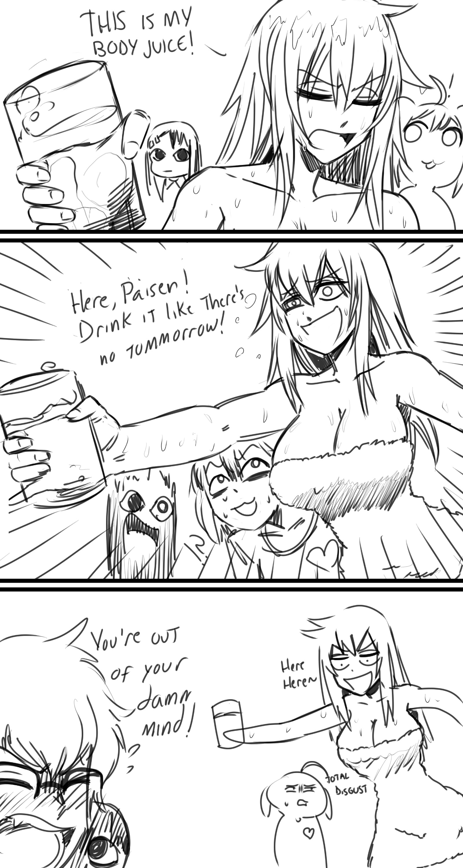 1boy, 3girls, angry, big breasts, blush, breasts, cleavage, closed eyes, clothed, clothing, dialogue, english text, female, gamo-chan, glasses, gutsbro14, hayase nagatoro, long hair, looking at another, male, medium hair, monochrome, naked, naoto hachioji (senpai), offering, on towel, open mouth, please don't bully me, nagatoro, revealing clothes, short hair, simple background, sketch, speech bubble, text, thick thighs, towel, water, white background, worried