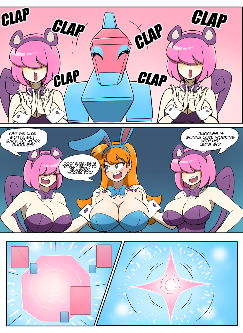 azumarill_(cosplay) big_ass bimbo blush brainwashing breasts bunnysuit cleavage comic cosplay female female_only hi_res huge_breasts human human_only hypnosis kasumi_(pokemon) kobi-tfs large_breasts misty_(pokemon) nintendo orange_hair pink_hair pokemon pokemon_(cosplay) ponytail porygon rattata rattata_(cosplay) text thick_thighs wide_hips