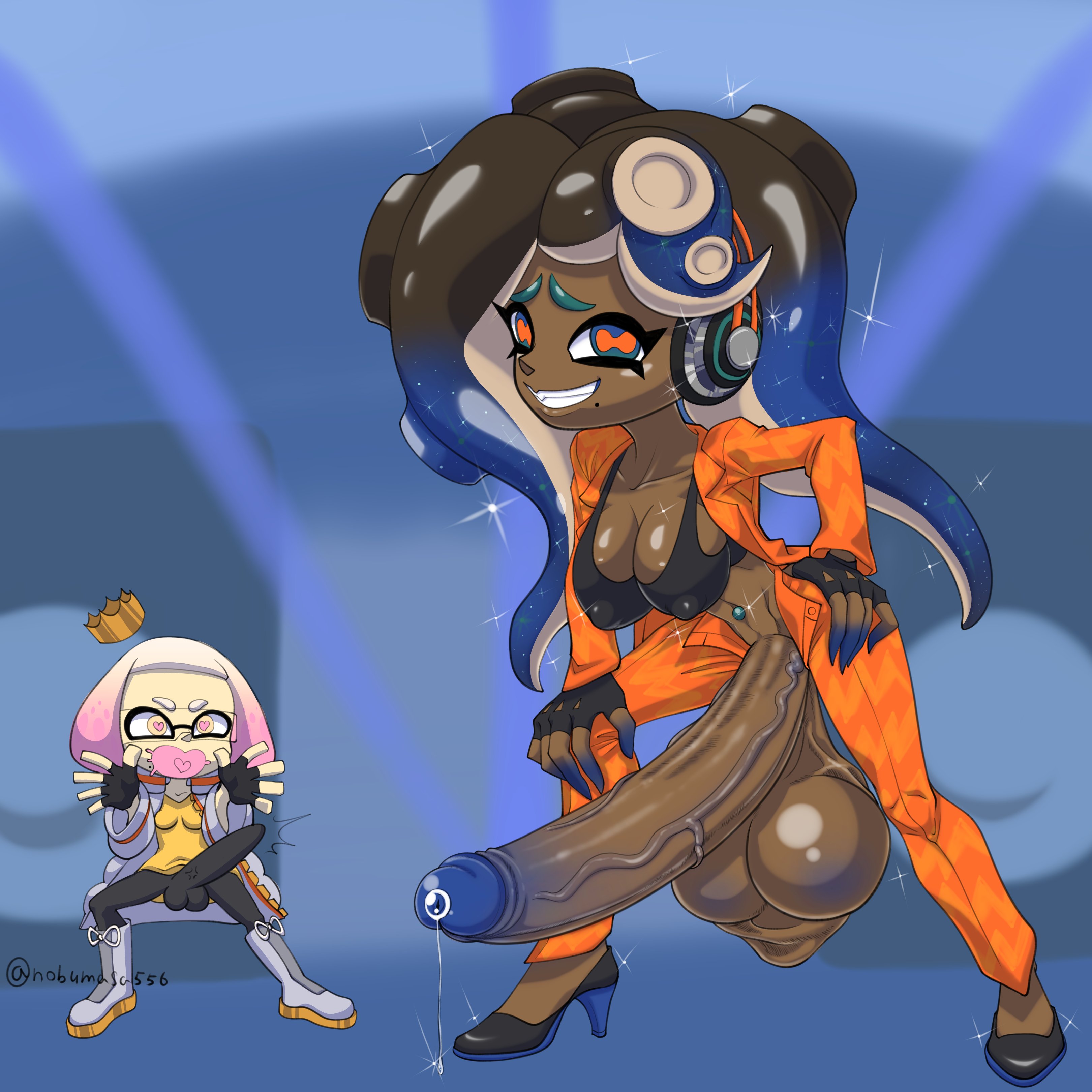 2futas, balls, balls clench, blue penis, breasts, cheering, chibi, circumcised, clothed, clothing, dark skin, dark-skinned futa, duo, erection, erection under clothes, fully clothed, futa only, futanari, gigantic penis, heart-shaped pupils, huge balls, huge cock, humanoid, inkling, intersex, large penis, light skin, light-skinned futa, marina (splatoon), mostly clothed, nobumasa, octoling, pearl (splatoon), penis, penis out, sagging balls, solo focus, splatoon, splatoon 2, splatoon 3, standing, testicles, testicles clench