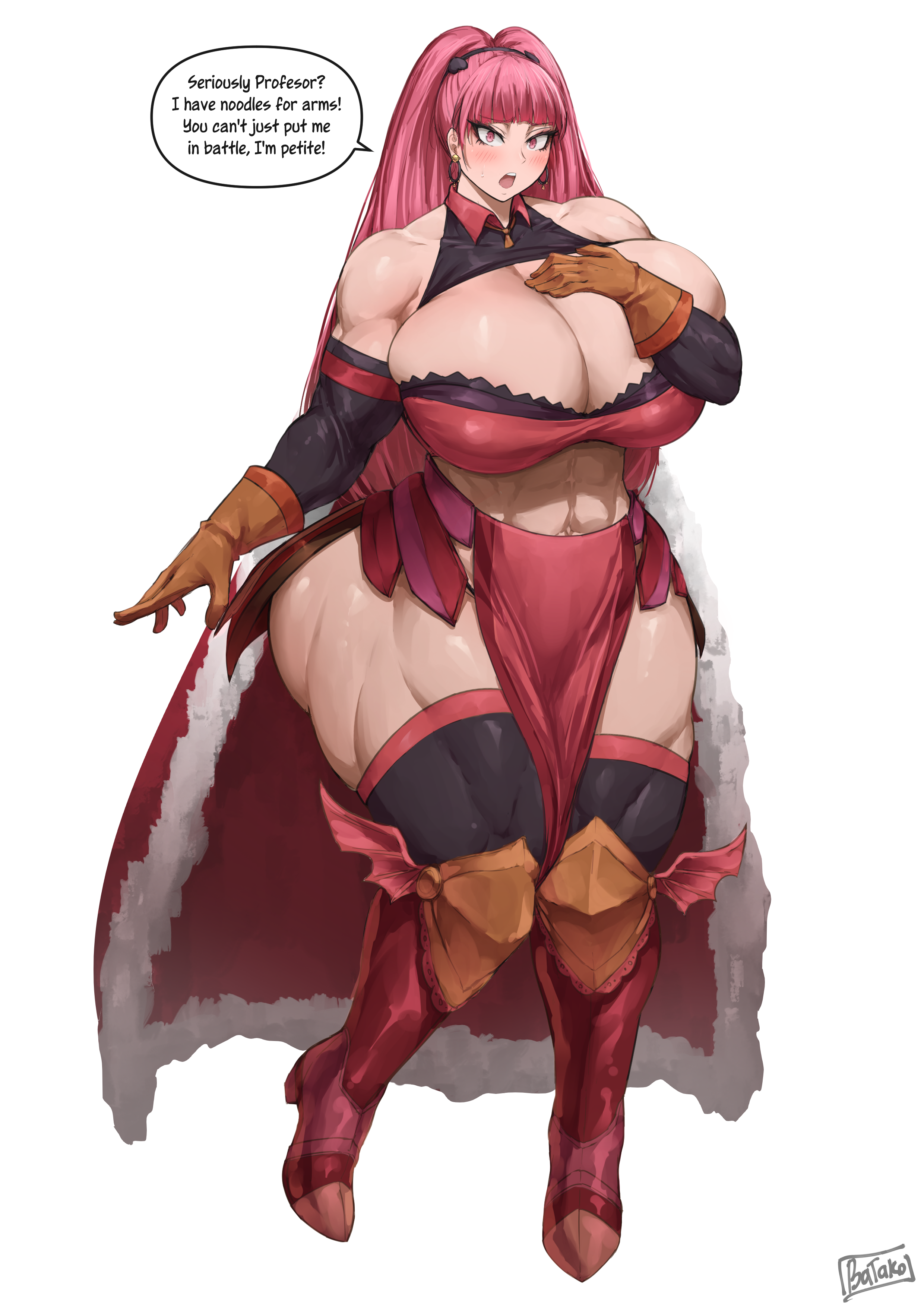ass, batako, breast suppress, breasts, cleavage, denial, dialogue, english text, female, fire emblem, fire emblem: three houses, hilda valentine goneril, huge ass, huge breasts, long hair, muscular, muscular female, pink eyes, pink hair, text, thick thighs, thunder thighs, venus body