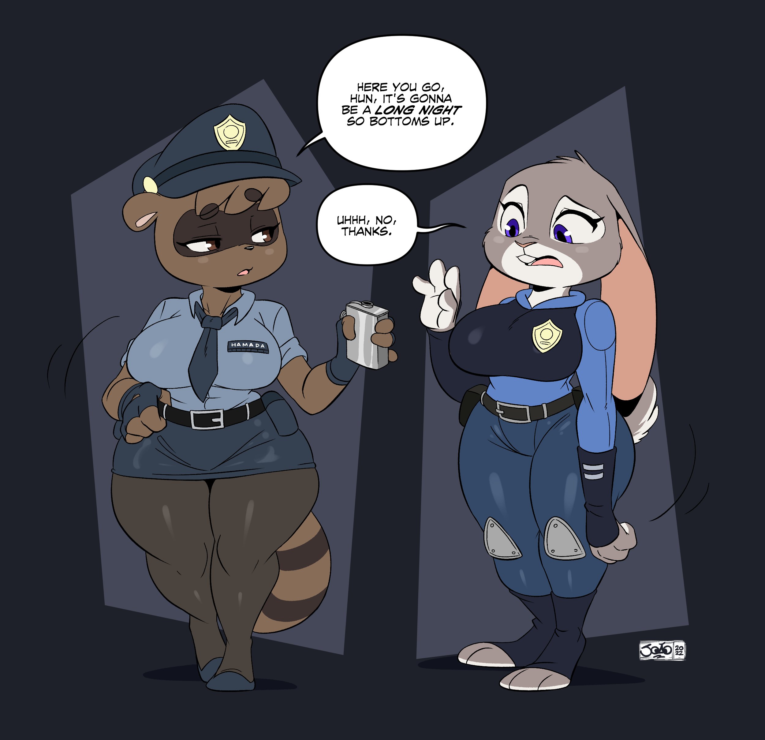 2girls, anthro, big breasts, breasts, clothing, dialogue, female, female only, furry, joaoppereiraus, judy hopps, large breasts, miyu hamada, shortstack, skirt, speech bubble, tagme, text, zootopia
