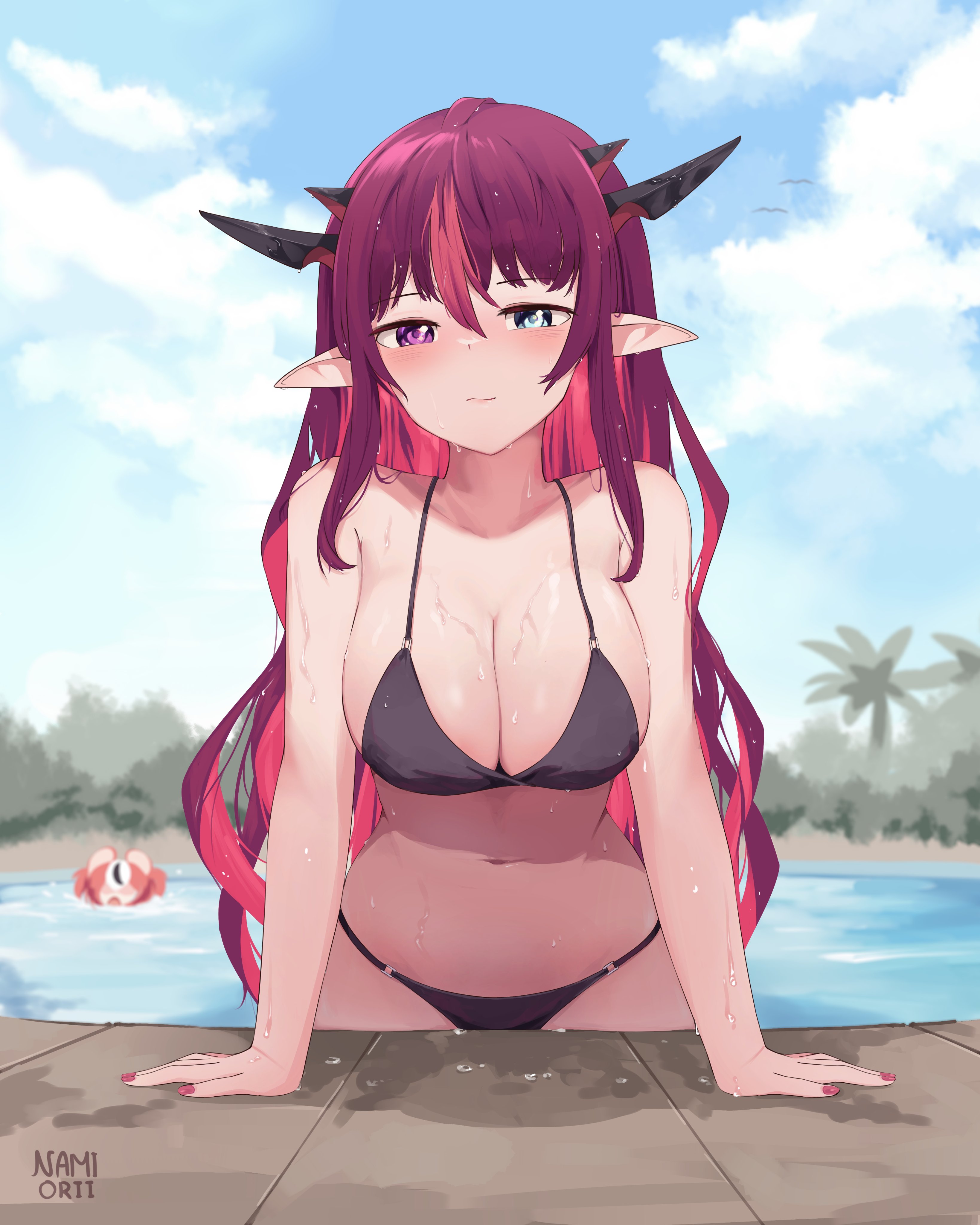 2girls, absurdres, animal ears, arm support, bangs, bare shoulders, bikini, black bikini, black hair, blurry, blurry background, blush, breasts, cleavage, closed mouth, demon, demon girl, demon horns, drowning, female, green eyes, hair between eyes, hakos baelz, hanging breasts, heterochromia, highres, hololive, hololive english, hololive english -council-, hololive english -promise-, horn, horns, irys, irys (hololive), large breasts, long hair, looking at viewer, mouse ears, mouse girl, multi horn, multicolored hair, multiple females, multiple girls, nail polish, namiorii, navel, outdoors, pointy ears, pool, puddle, purple eyes, purple hair, red hair, sidelocks, signature, sky, smile, stomach, streaked hair, string bikini, swimsuit, upper body, very long hair, virtual youtuber, water, water drop, wet, white hair