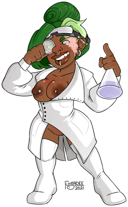 1girls areolae breasts dark-skinned_female dark_skin female female_only fishadee gnome humanoid labcoat light-skinned_female nipples nude potion solo tagme world_of_warcraft