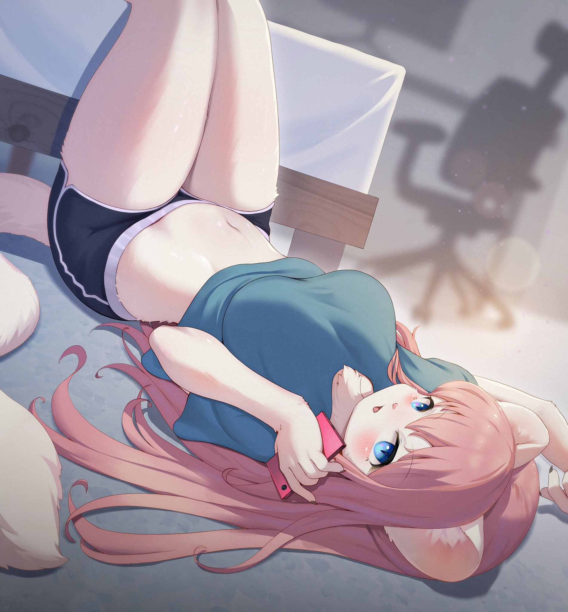 1girls, anthro, bedroom, big breasts, blue eyes, blush, breasts, cat ears, cat tail, domestic cat, feline, female, female only, fur, furry, furry only, hi res, holding phone, legs up, long hair, looking at viewer, lying, lying down, lying on back, phone, pink hair, slit pupils, solo, solo female, tail, white fur, whooo-ya