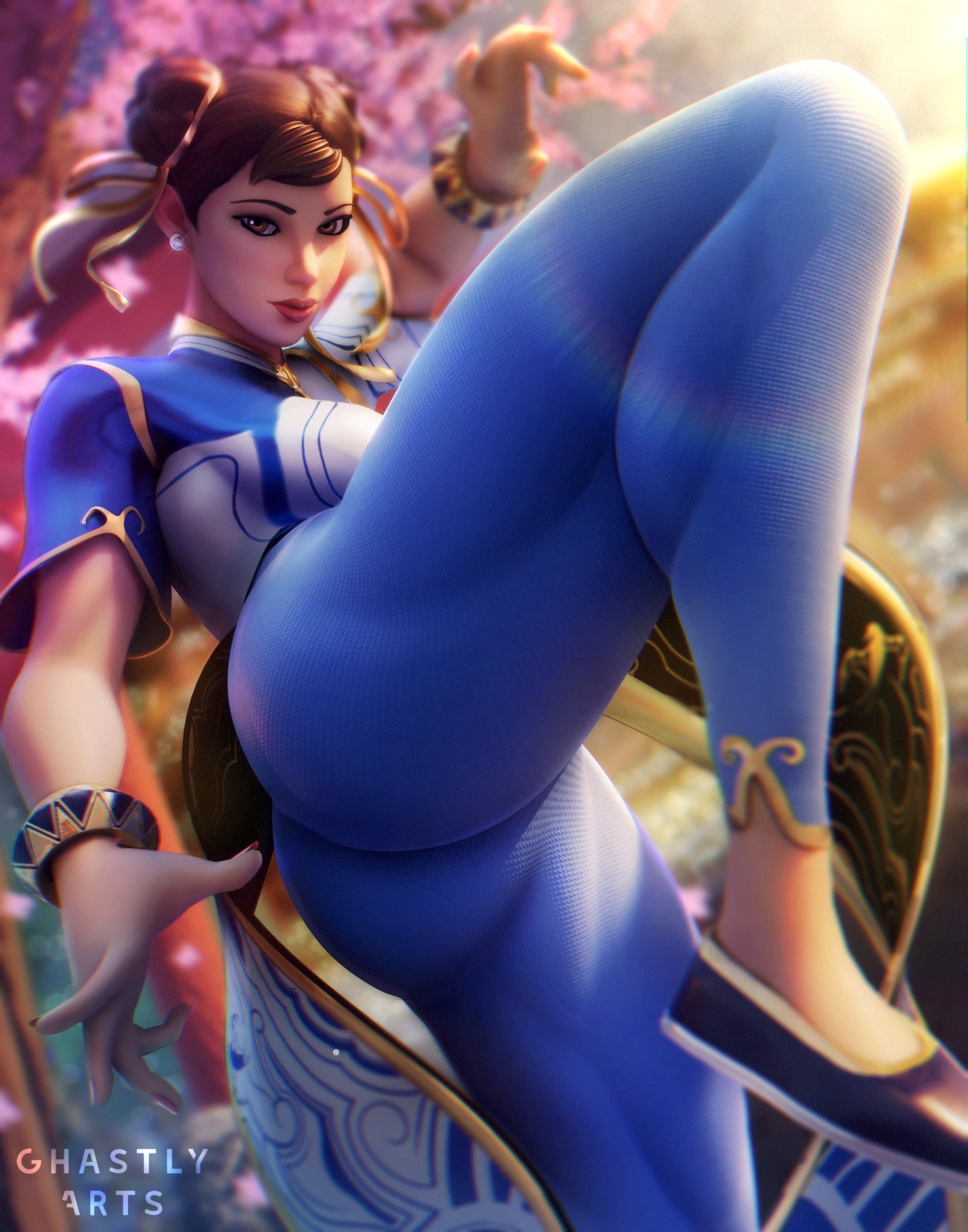 1girls, artist name, artist signature, asian, asian female, ass, ass focus, big ass, big butt, bracelet, bracelets, breasts, brown eyes, brown hair, bubble ass, bubble butt, capcom, chun-li, curvy, detailed background, double bun, earring, earrings, eye contact, fat ass, female, female focus, female only, ghastlyarts, hair ornament, large ass, leggings, light skin, light-skinned female, looking at viewer, mature, mature female, milf, pose, posing, pov eye contact, solo, solo female, solo focus, standing, street fighter, street fighter 6, tagme, thick ass, thick thighs, thigh focus, thighs, thunder thighs, voluptuous