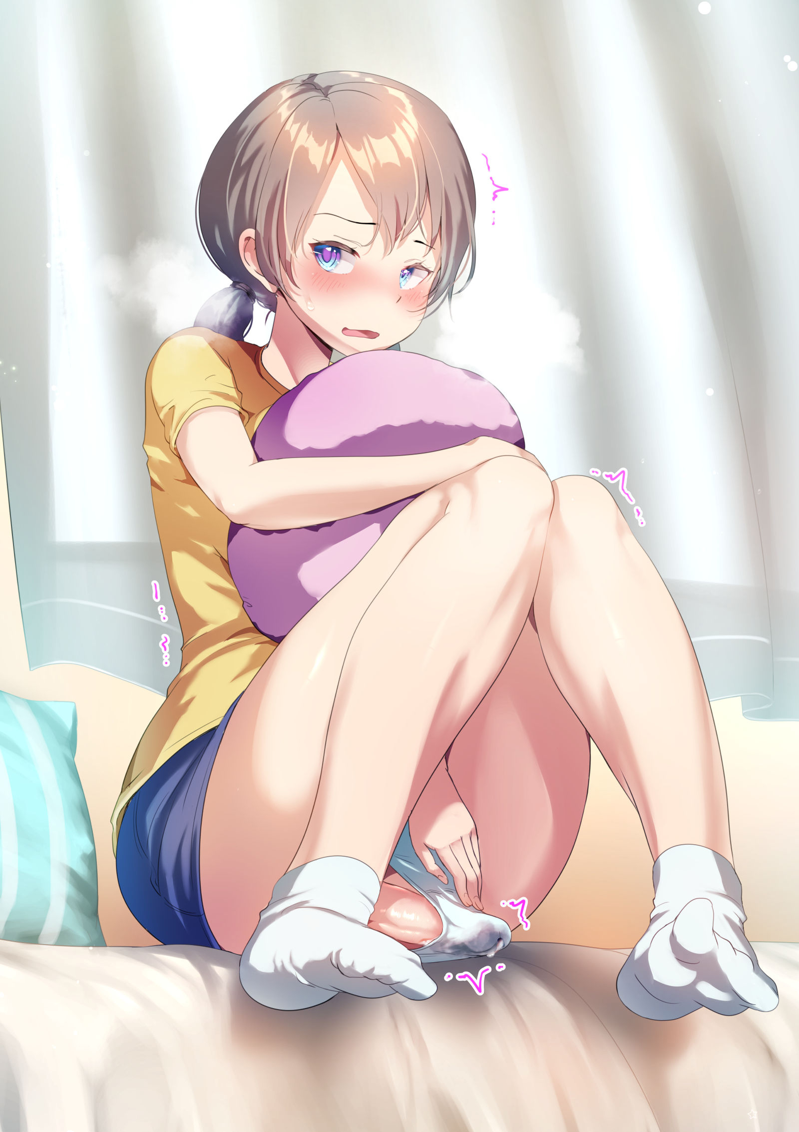 1futa, after ejaculation, after orgasm, ayanakitori, blue eyes, blush, breasts, brown hair, clothed, clothing, cum, cum drip, cum in clothes, cum in panties, cumdrip, cumshot, decensored, dickgirl, ejaculation, erection, erection in panties, erection under clothes, fully clothed, futa only, futa sans balls, futanari, heavy breathing, human, intersex, light skin, light-skinned futa, panties, panty bulge, penis, penis bulge, penis under clothes, shirt, short hair, sitting, socks, sweat, tenting, toe curl, toe point, twintails, uncensored, white socks, yellow shirt