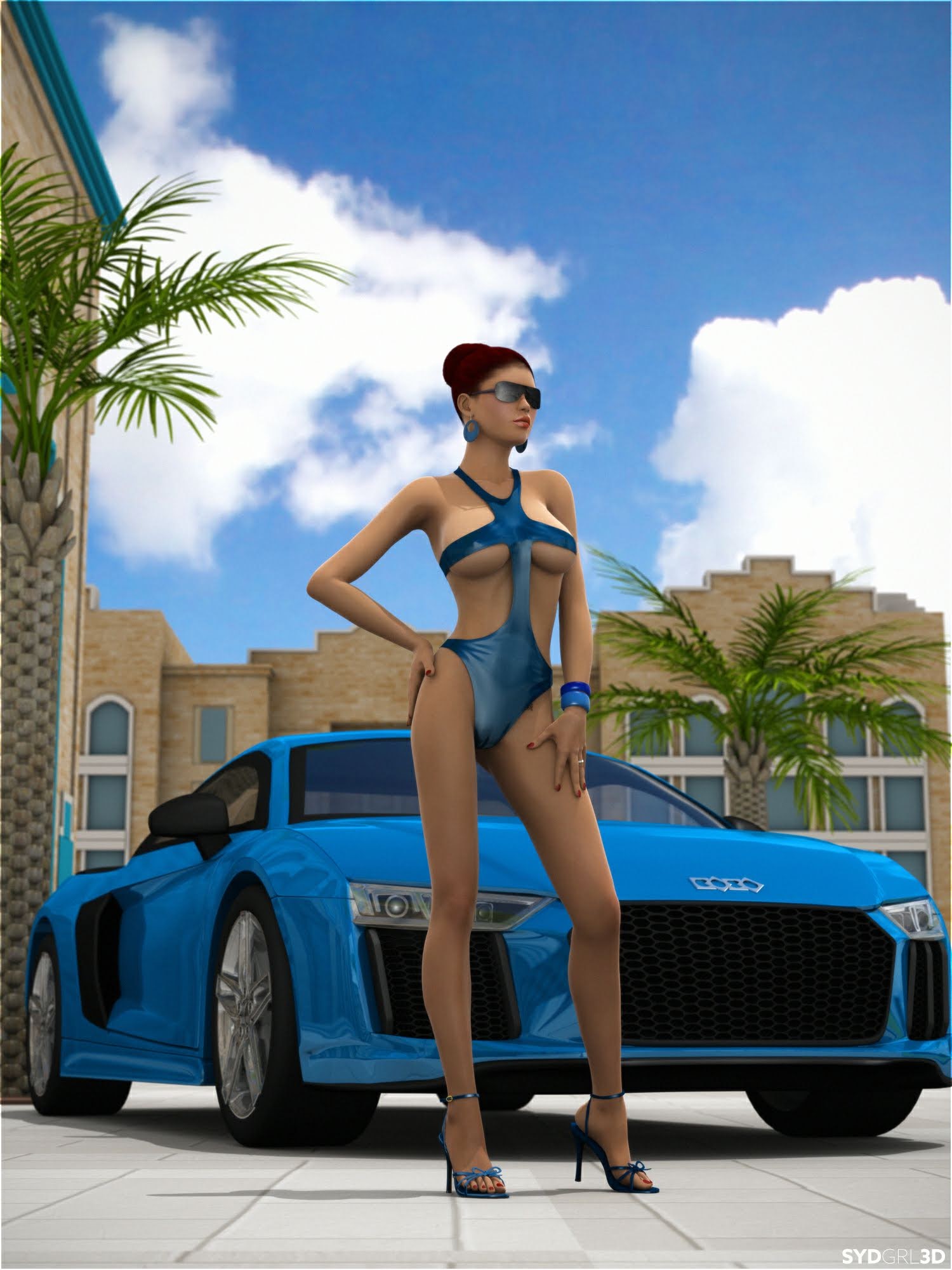 audi audi_r8 bikini breasts car earrings high_heels sunglasses sydgrl3d tinted_eyewear