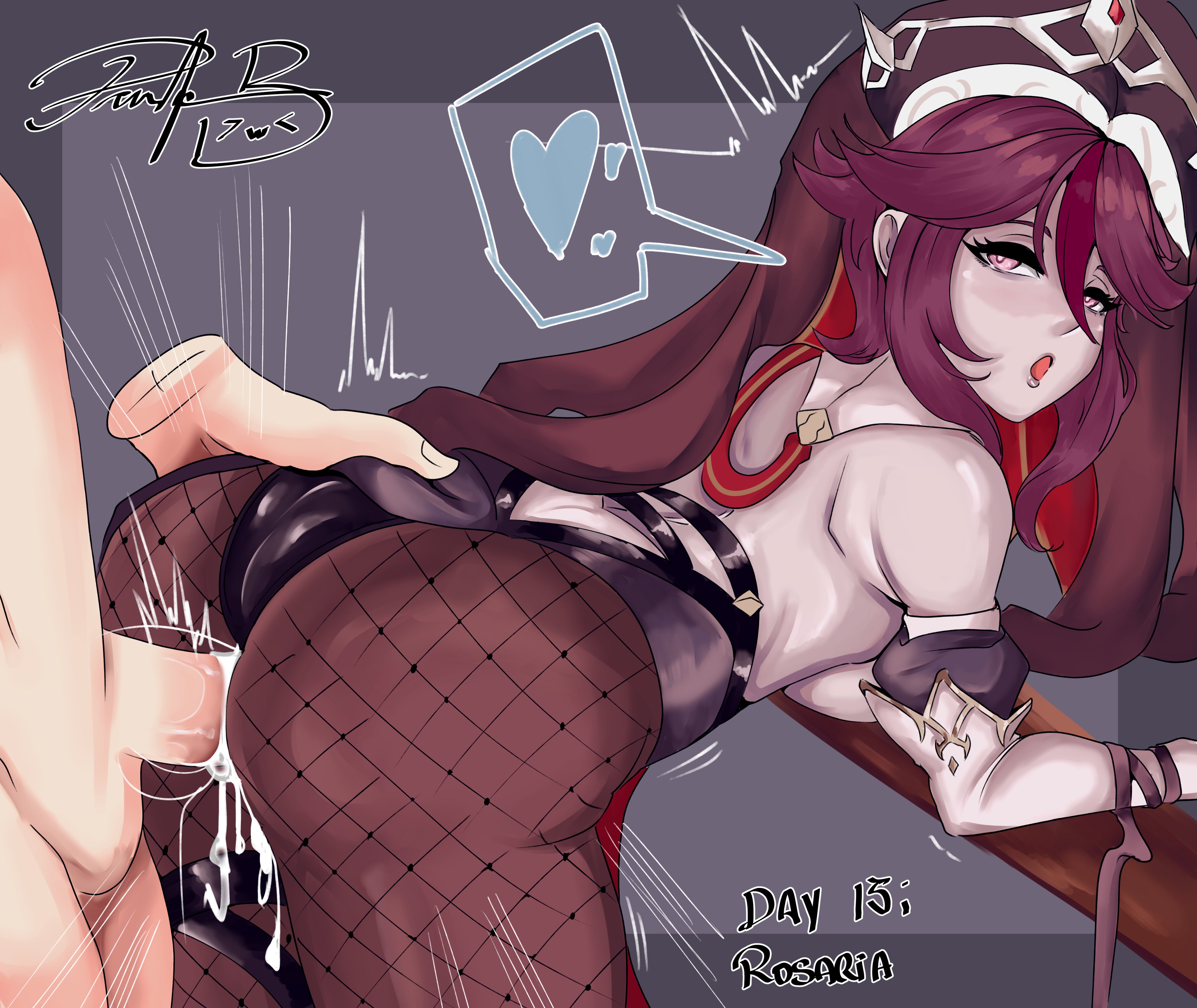 1boy, 1girls, absurd res, ass, bent over, clothed female, clothed female nude male, cum, cum in pussy, cum inside, female, female focus, forced in fabric, from behind, from behind position, genshin impact, heart, looking back, male, narrowed eyes, nude, nude male, pantyhose, penetration through clothes, penis, pink eyes, pleasure face, pussy, raphaeru, red hair, rosaria (genshin impact), through clothes, vaginal penetration