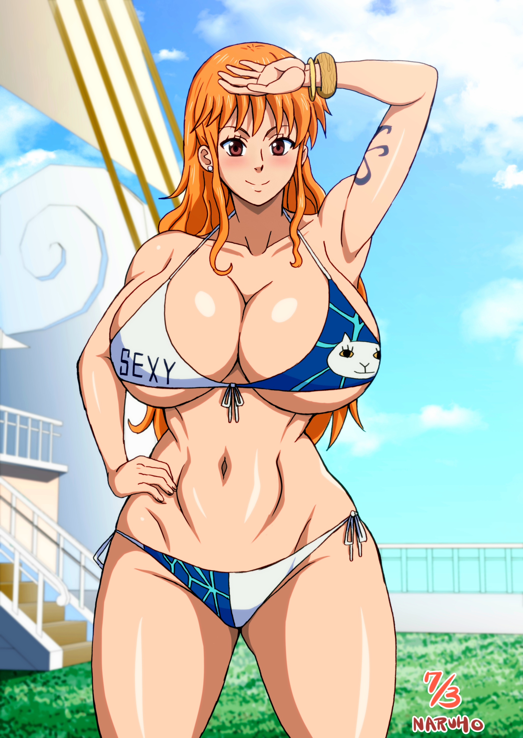 1girls, arm tattoo, big breasts, bikini, blue tattoo, breasts, brown eyes, female, female only, flower in hair, huge breasts, large breasts, nami (one piece), naruho, navel, one piece, orange hair, orange-haired female, shounen jump, tagme, tattoo