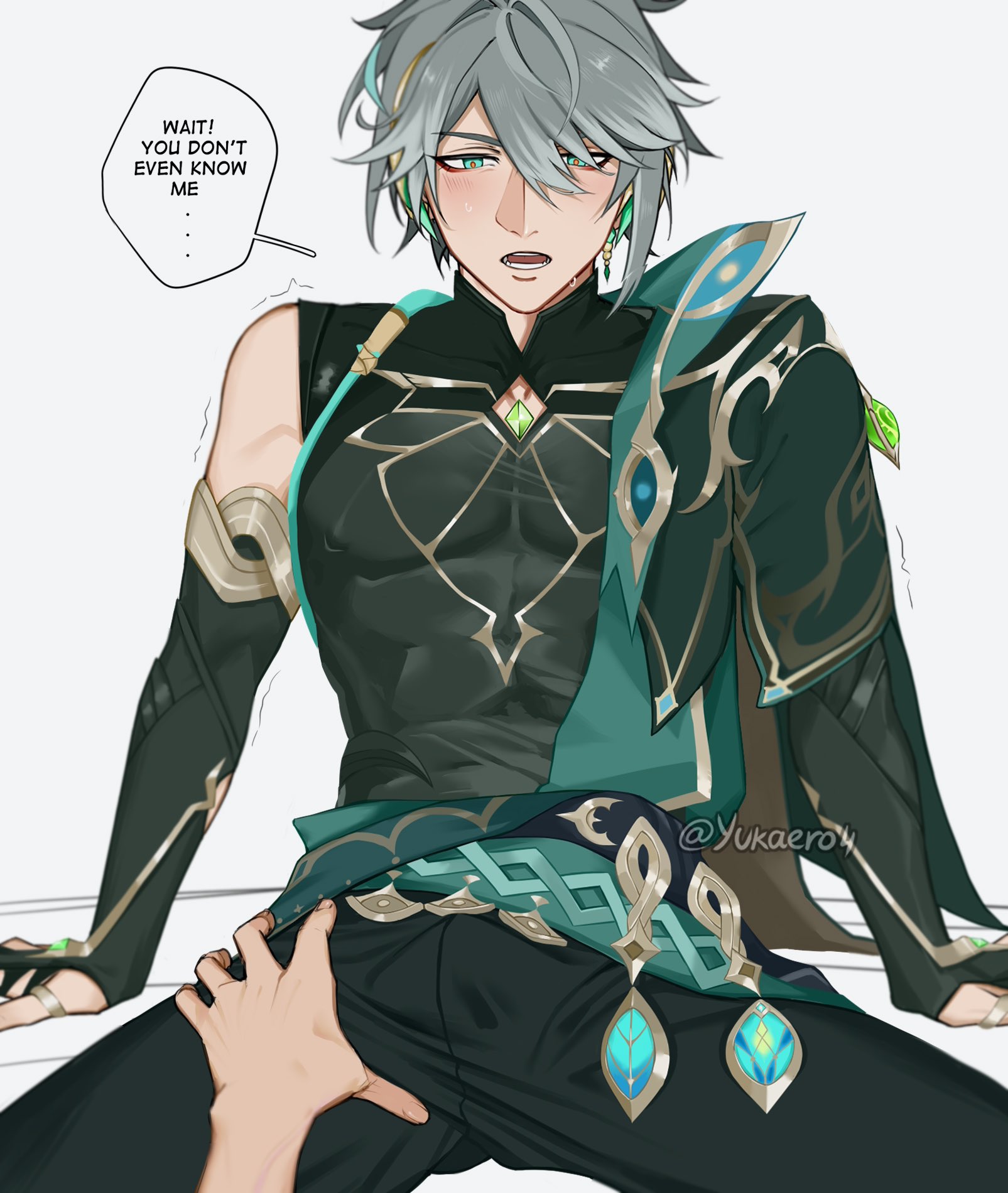 2boys, abs, alhaitham (genshin impact), armwear, black legwear, black pants, blush, ear ornament, erect nipples under clothes, erect penis, erection, erection under clothes, flustered, gem, genshin impact, green clothing, green eyes, grey hair, hand on hip, jacket, latex, male, male focus, male only, male/male, muscles, muscular, muscular male, nervous, nipple bulge, nipples, nipples visible through clothing, open mouth, pecs, pectorals, penis, ring, skin tight, skin tight suit, surprise, surprised, sweat, sweatdrop, sweating, yukaero4