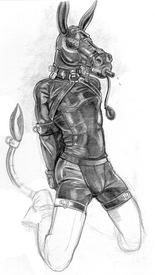 2006 anthro armbinder asinus binder_(restraint) black_armbinder black_collar bondage bondage bondage_gear bound collar donkey equid equine foxzatt lock male mammal monochrome padlock restraints simple_background submissive submissive_anthro submissive_male traditional_media_(artwork) wearing_mask white_background