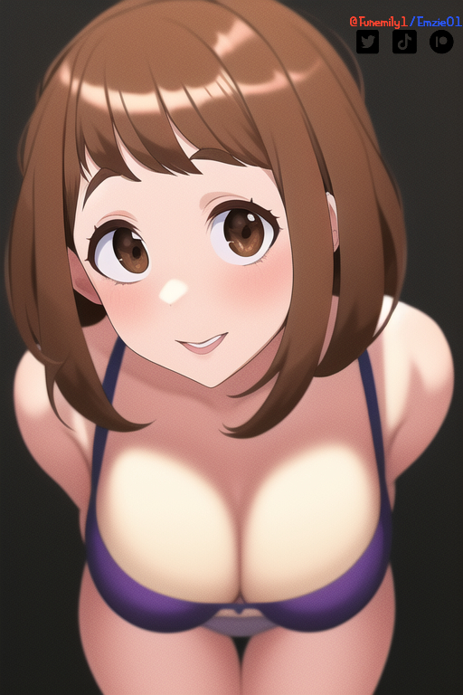 1girls ai_generated blush bra brown_eyes brown_hair cleavage funemily1 large_breasts leaning_forward low_res my_hero_academia nai_diffusion ochako_uraraka panties stable_diffusion tagme thigh_gap thighs watermark