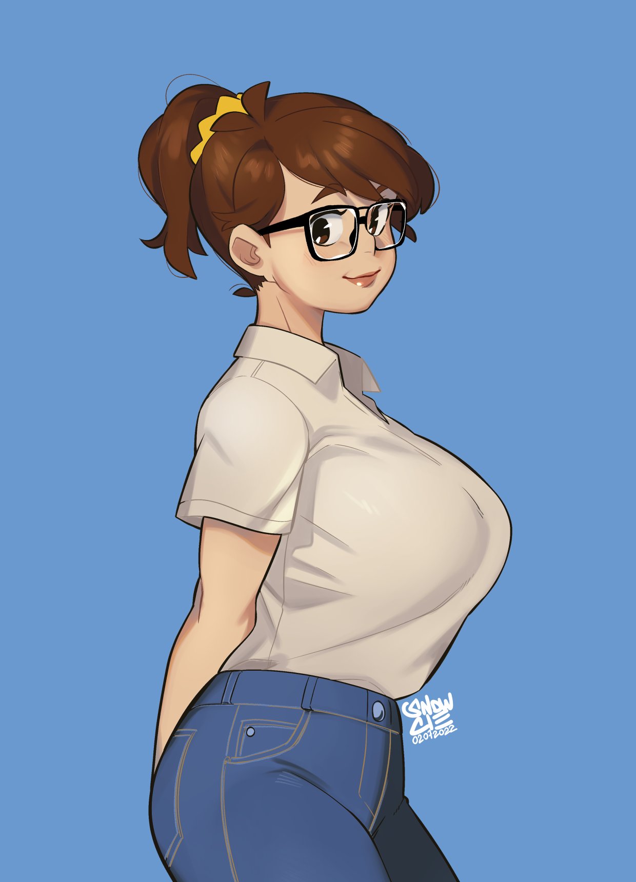 big_breasts blush blush_lines blushing blushing_at_viewer breasts brown_eyes brown_hair female glasses jeans ponytail shirt short_sleeves snowcie snowciel tagme