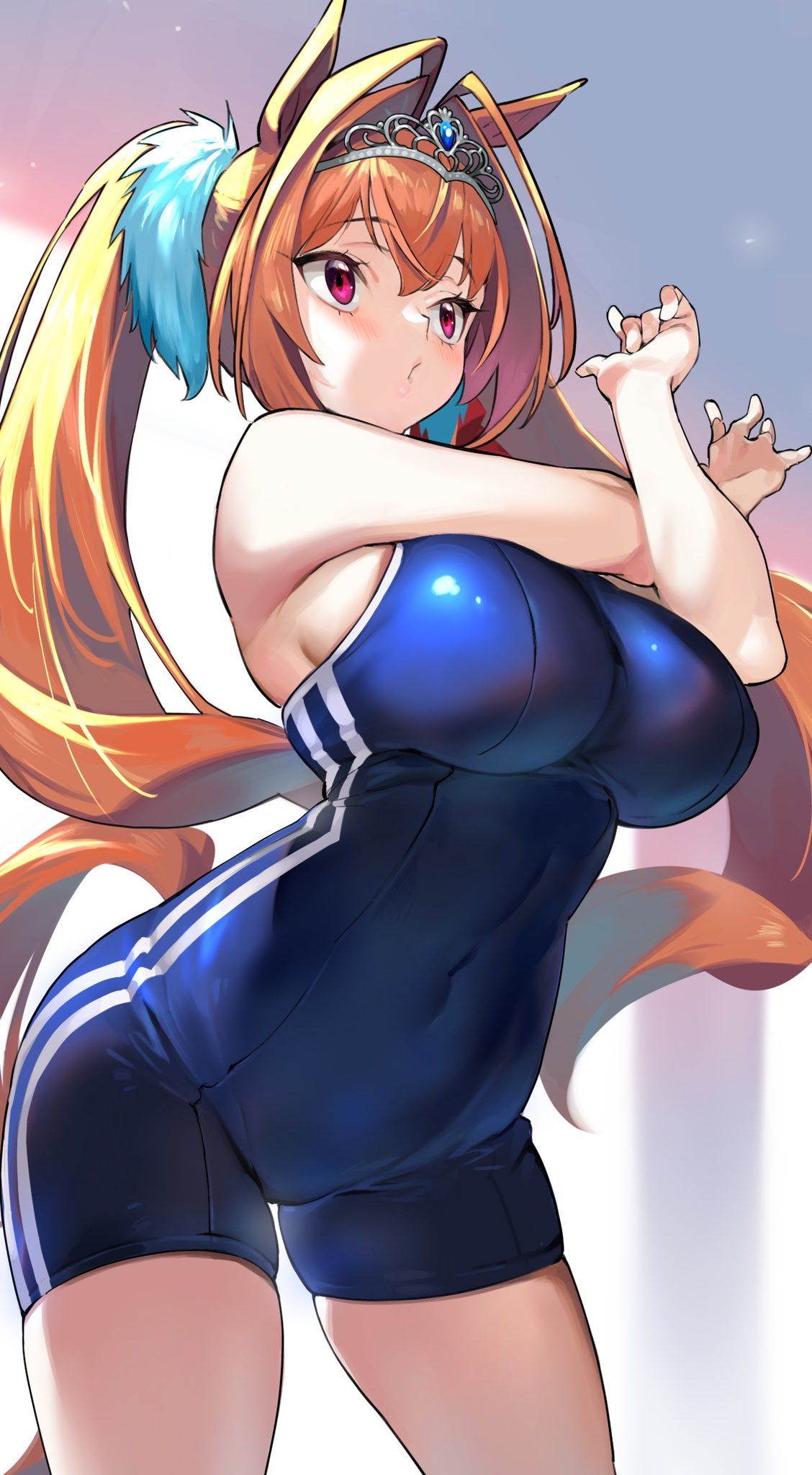 1girls animal_ears daiwa_scarlet_(umamusume) ear female female_only gesture horse_ears horse_girl horse_tail inside light-skinned_female light_skin nonco posing solo swimsuit tail tiara umamusume