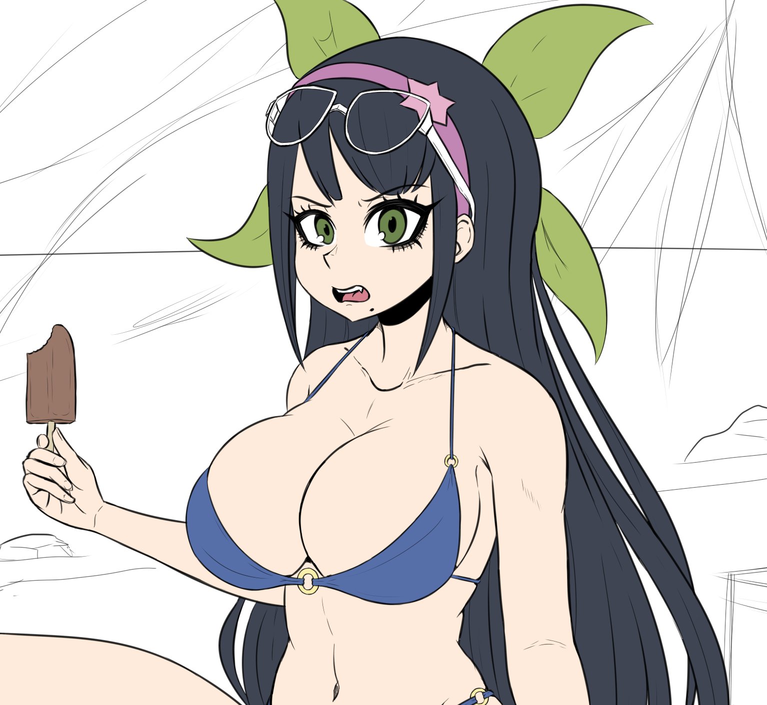 beach, big breasts, bikini, bikini top, breasts, busty, chabashira tenko, danganronpa, danganronpa v3, female, huge breasts, ice cream, large breasts, sketch, straight hair, tight fit, voluptuous, voluptuous female, young savage