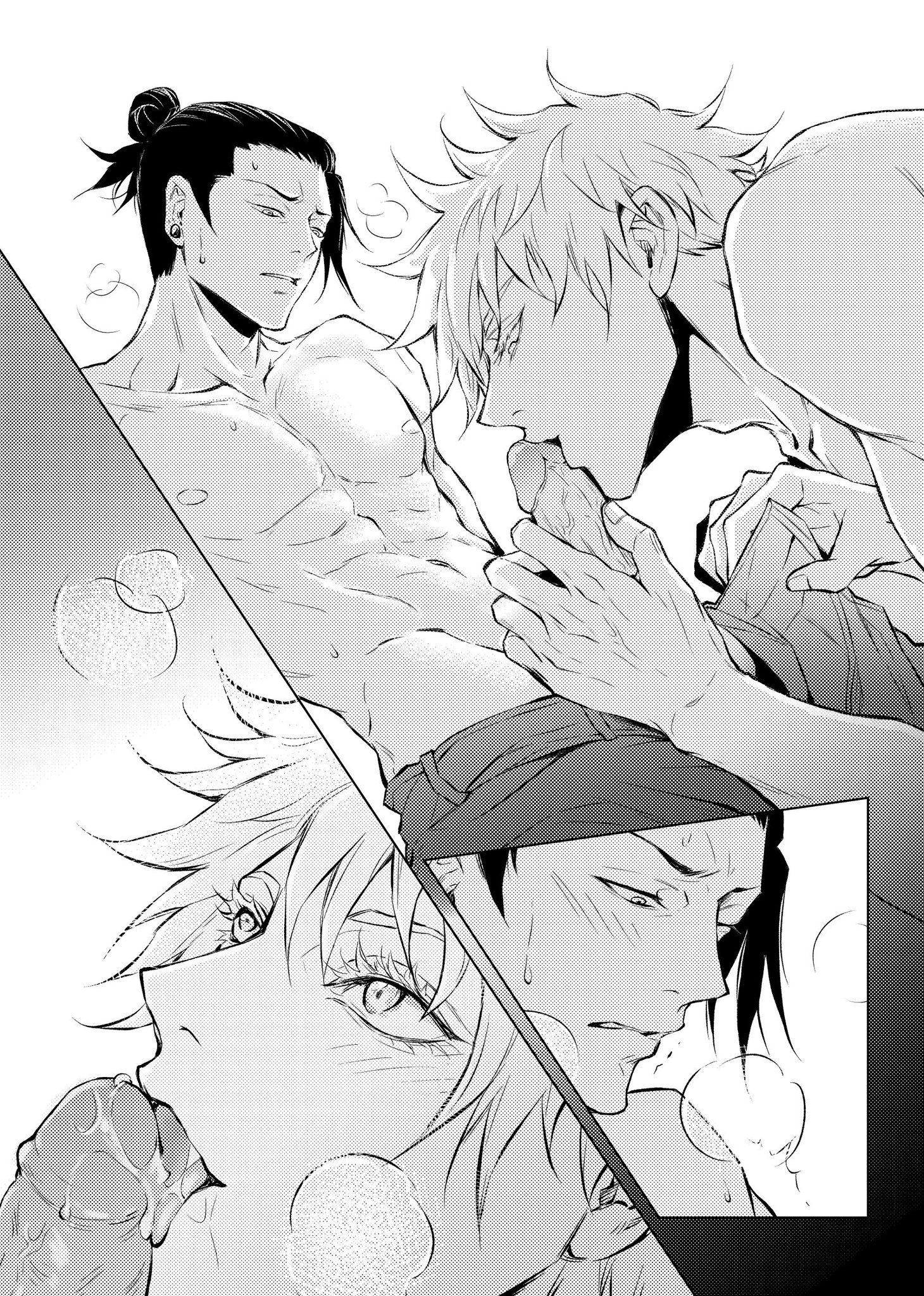 2boys, blowjob, bodily fluids, fellatio, femboy, feminine male, gay, genitals, greyscale, hair bun, jujutsu kaisen, licking, licking penis, male, male nipples, male only, male/male, monochrome, nejmai, nipples, pecs, penis, penis grab, satoru gojo, shirtless, suguru geto, veiny penis, yaoi