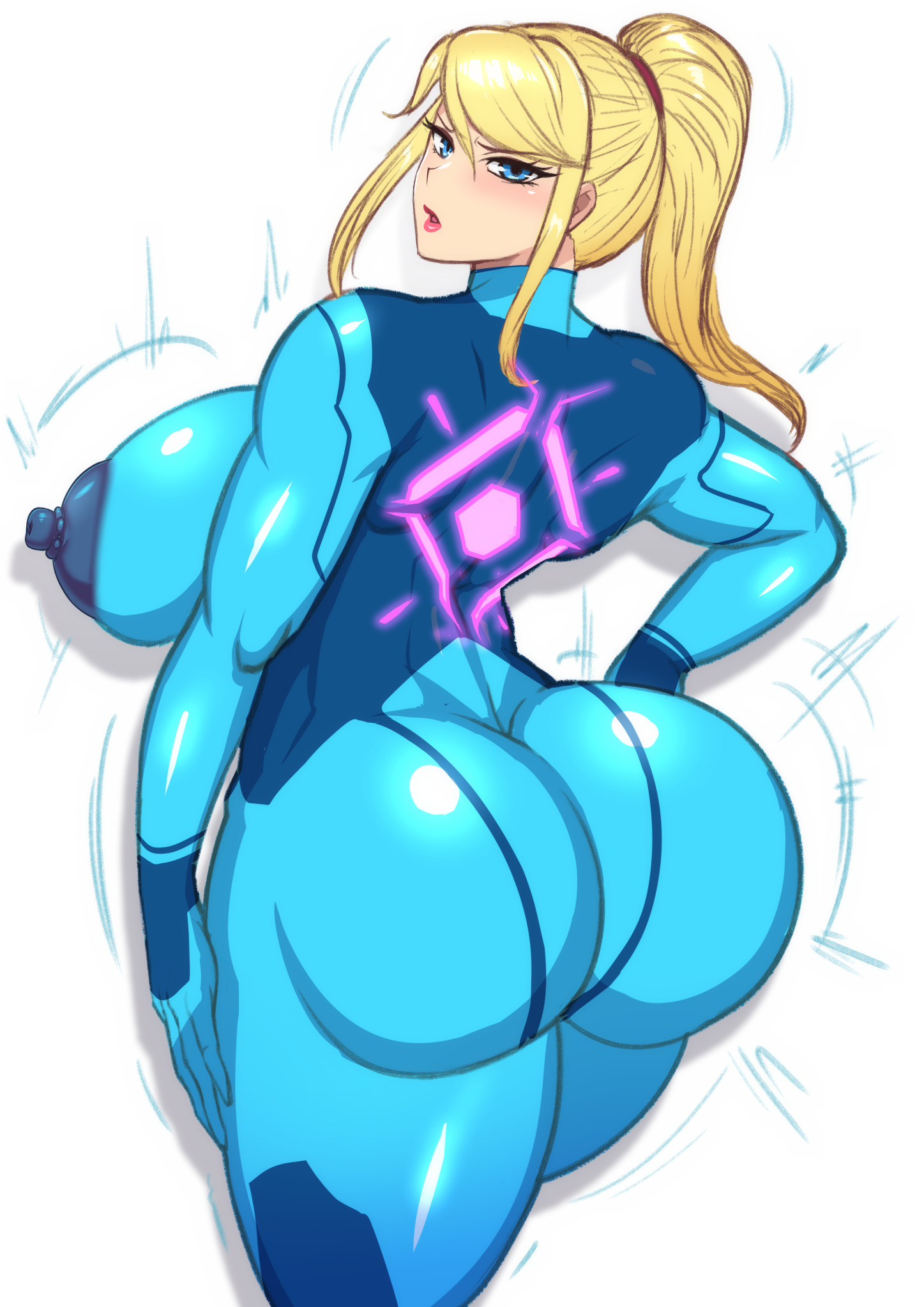 1girls, ass, big ass, big breasts, blonde hair, blue eyes, blush, bodysuit, breasts, bubble ass, bubble butt, female, huge ass, huge breasts, large ass, large breasts, lipstick, looking back, metroid, nintendo, nipples, nipples visible through clothing, ponytail, red lipstick, samus aran, thick thighs, zero suit, zero suit samus, zxcv