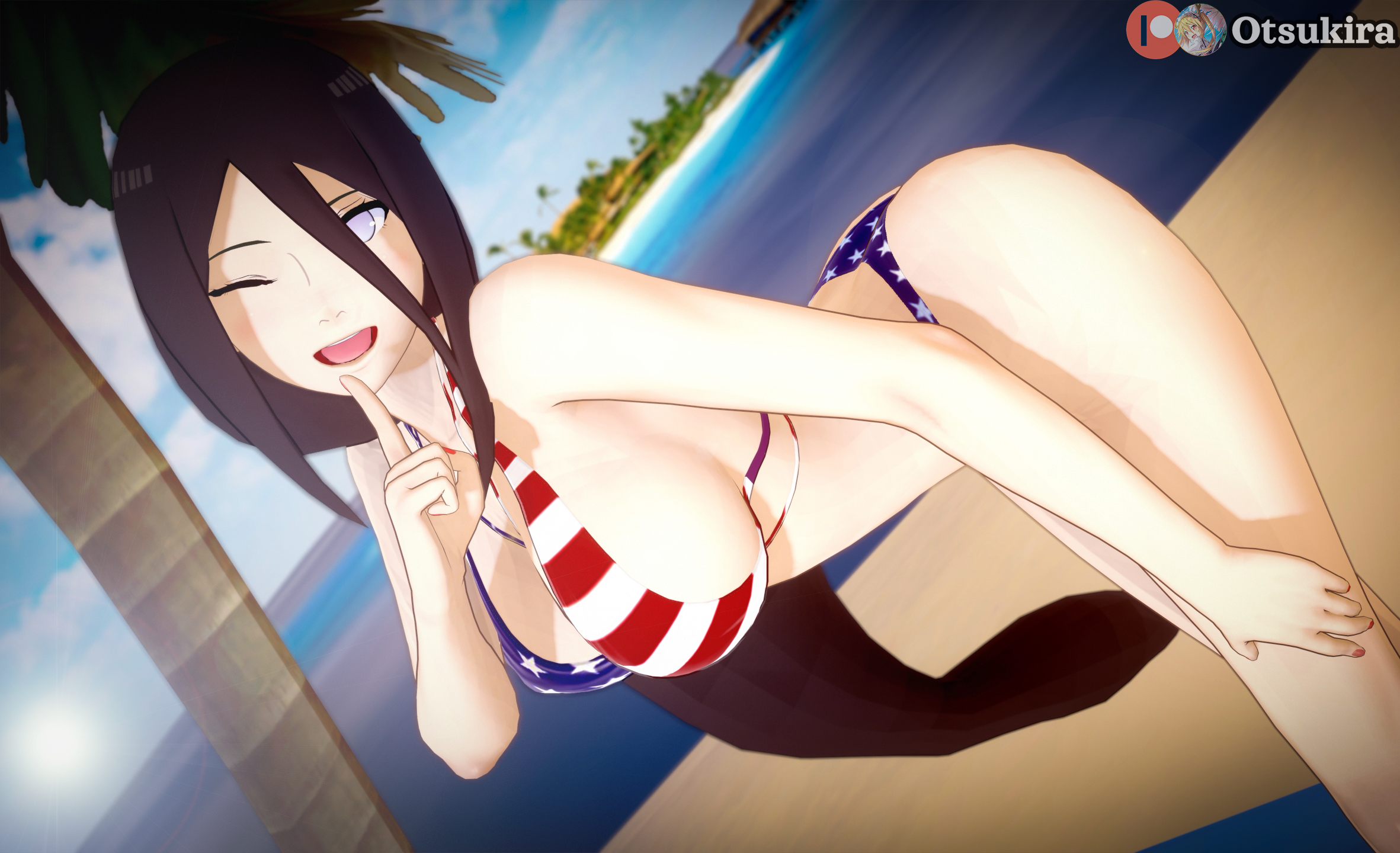 1girls, american flag bikini, beach, bent over, big breasts, bikini, boruto: naruto next generations, breasts, brown hair, clavicle, cleavage, female, female only, hair between eyes, hyuuga hanabi, large breasts, leaning, leaning forward, low-tied long hair, naruto, naruto (series), ocean, one eye closed, open mouth, open smile, oppai, otsukira, outdoors, ponytail, revealing clothes, seaside, shore, shushing, skimpy, skimpy bikini, smile, smiling, smiling at viewer, solo, solo focus, standing, swimsuit, tied hair, very long hair, violet eyes, water, wink