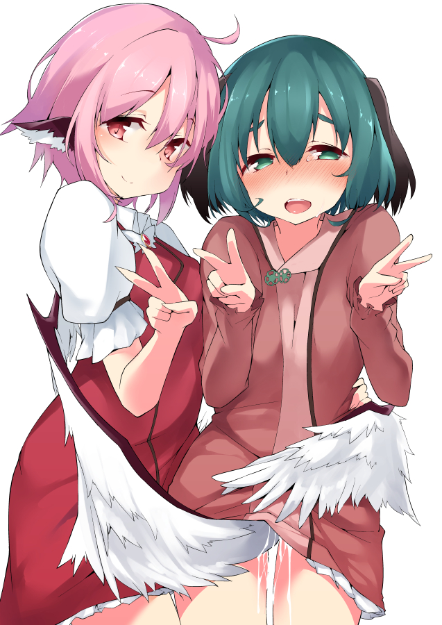 2girls ahoge animal_ears bird_ears bird_wings blush brown_dress closed_mouth cowboy_shot dog_ears double_v dress fingernails frilled_sleeves frills green_eyes green_hair hair_between_eyes kyouko_kasodani long_sleeves multiple_girls mystia_lorelei no_hat no_headwear open_mouth pink_dress pink_eyes pink_hair sharp_fingernails short_hair short_sleeves simple_background smile terazip touhou v white_background white_wings wings