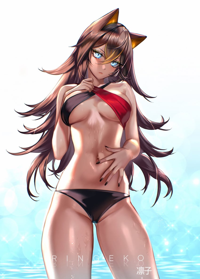 animal_ears artist_name black_nails black_swimsuit blue_eyes blush breasts brown_hair closed_mouth dark-skinned_female dark_skin dehya_(genshin_impact) eyebrows_behind_hair female genshin_impact hand_on_own_chest hand_on_own_stomach highres long_hair looking_at_viewer medium_breasts nail_polish navel ringeko_chan signature sparkle standing swimsuit water water_drop