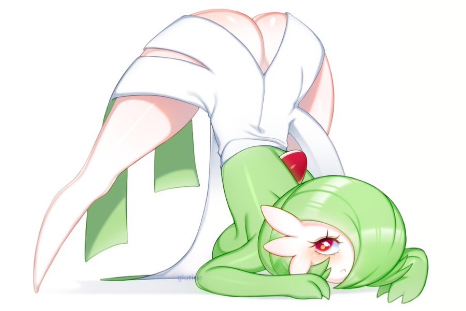 1girls anthro ass ass_up butt_focus female female_focus galutine gardevoir green_body green_hair hair humanoid jack-o'_pose jack-o_pose legs_up lying nintendo on_front pokémon_(species) pokemon pokemon_(species) pose raised_leg red_eyes solo spread_butt spreading video_games