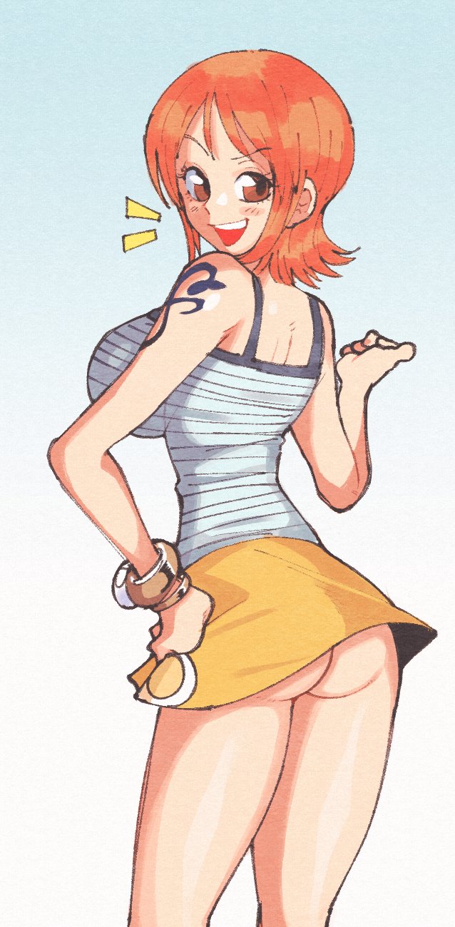 1girls, arm tattoo, big breasts, blue tattoo, breasts, clothing, female, female only, going commando, inkerton-kun, inkuusan, large breasts, log pose, looking at viewer, looking back, nami (one piece), no panties, one piece, open mouth, orange hair, orange-haired female, pre-timeskip, shirt, skirt, smile, solo, tattoo, thick thighs