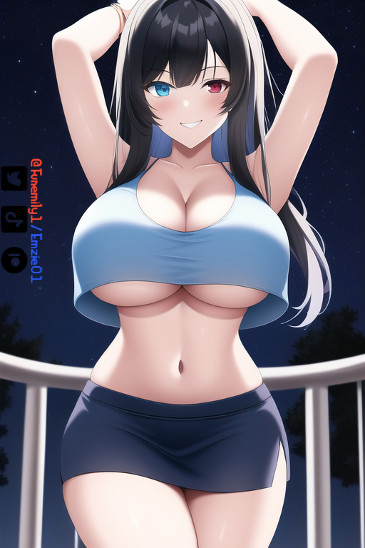 1girls ai_generated armpits artist_self-insert blue_eyes blush cleavage crop_top curvy curvy_female curvy_figure emzie01 funemily1 hands_behind_head heterochromia long_hair miniskirt nai_diffusion red_eyes smirk stable_diffusion tagme thighs underboob watermark