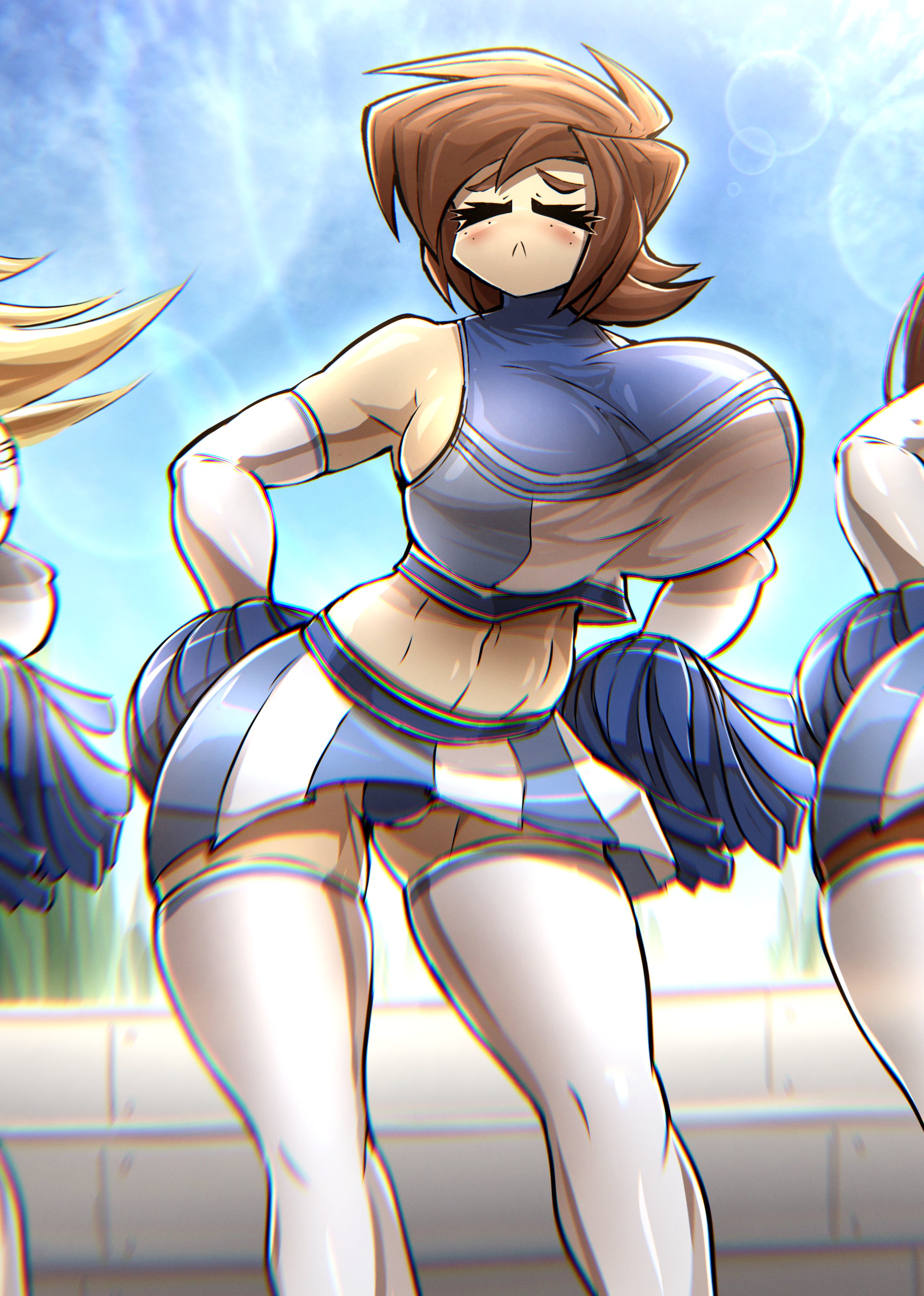 big breasts, blushing, breasts, cheerleader, embarrassed, female, female only, freckles, kyurby (zzzhodazzz), tagme, white stockings, zzzhodazzz