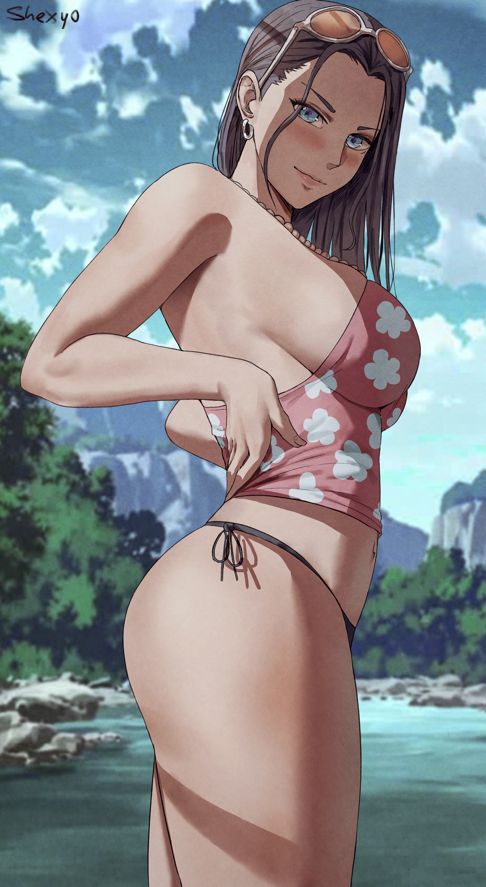 1girls, 2022, artist signature, black hair, black-haired female, blue eyes, breasts, eyewear on head, female, female only, hi res, hips, huge breasts, long hair, nico robin, one piece, outdoors, shexyo, side tie bikini bottom, side view, side-tie bikini, sideboob, slim waist, sunglasses on head, thick thighs, thighs, water, wide hips