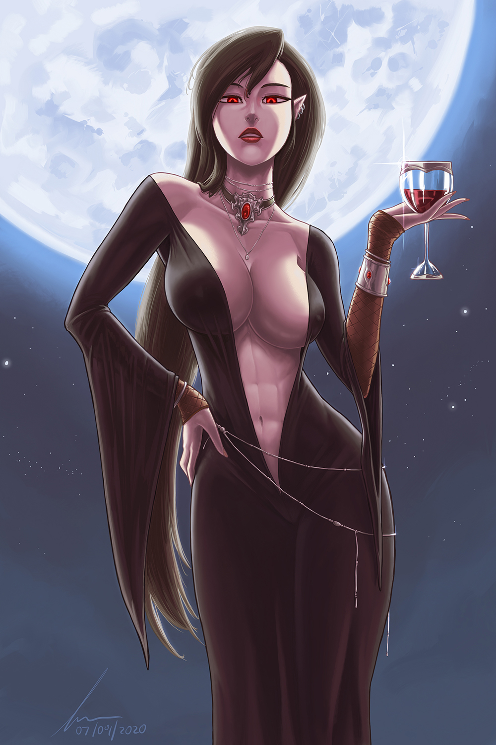 1girls abs black_dress black_hair blood cleavage dmaxcustom ear_piercing earrings female glass goth jewelry large_breasts long_hair moon navel necklace night red_eyes solo vampire