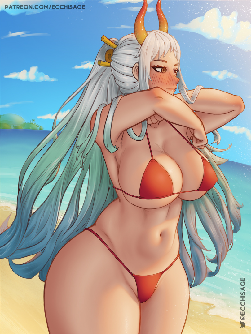 1girls armpits beach big_breasts bikini blue_hair blush breasts brown_eyes cleavage clothed clothing curvy curvy_figure ear_piercing earrings ecchisage female female_focus female_only gradient_hair hi_res highres hoop_earrings horned_humanoid horns humanoid large_breasts light-skinned_female light_skin long_hair midriff multicolored_hair navel one_piece oni oni_horns revealing_clothes sideboob simple_background solo solo_female swimsuit thick thick_thighs two_tone_hair voluptuous white_hair wide_hips yamato_(one_piece) youkai