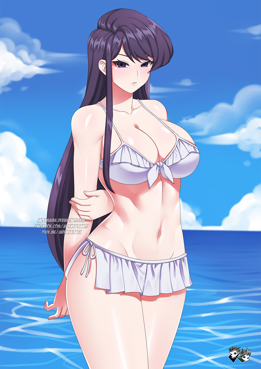 1girls, beach, bikini, black eyes, black hair, breasts, cleavage, female, female only, jadenkaiba, komi shouko, komi-san wa komyushou desu, large breasts, light skin, light-skinned female, looking at viewer, seaside