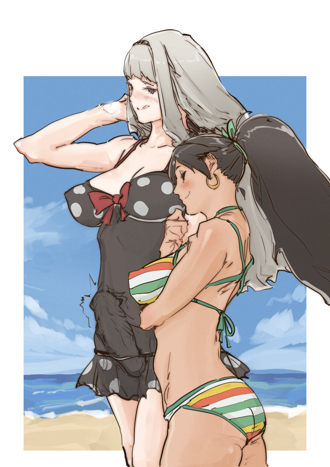 1futa 1girls amanda_kenny bangs beach big_breasts big_penis bikini black_hair breasts clothed clothing dark-skinned_female dark_skin duo erection female futa_on_female futanari ganaha_hibiki grey_hair hairband highres human idolmaster idolmaster_(classic) idolmaster_million_live! light-skinned_female light-skinned_futanari light_skin long_hair looking_at_another mostly_nude multiple_girls ocean penis ponytail shijou_takane smile standing swimsuit white_hair