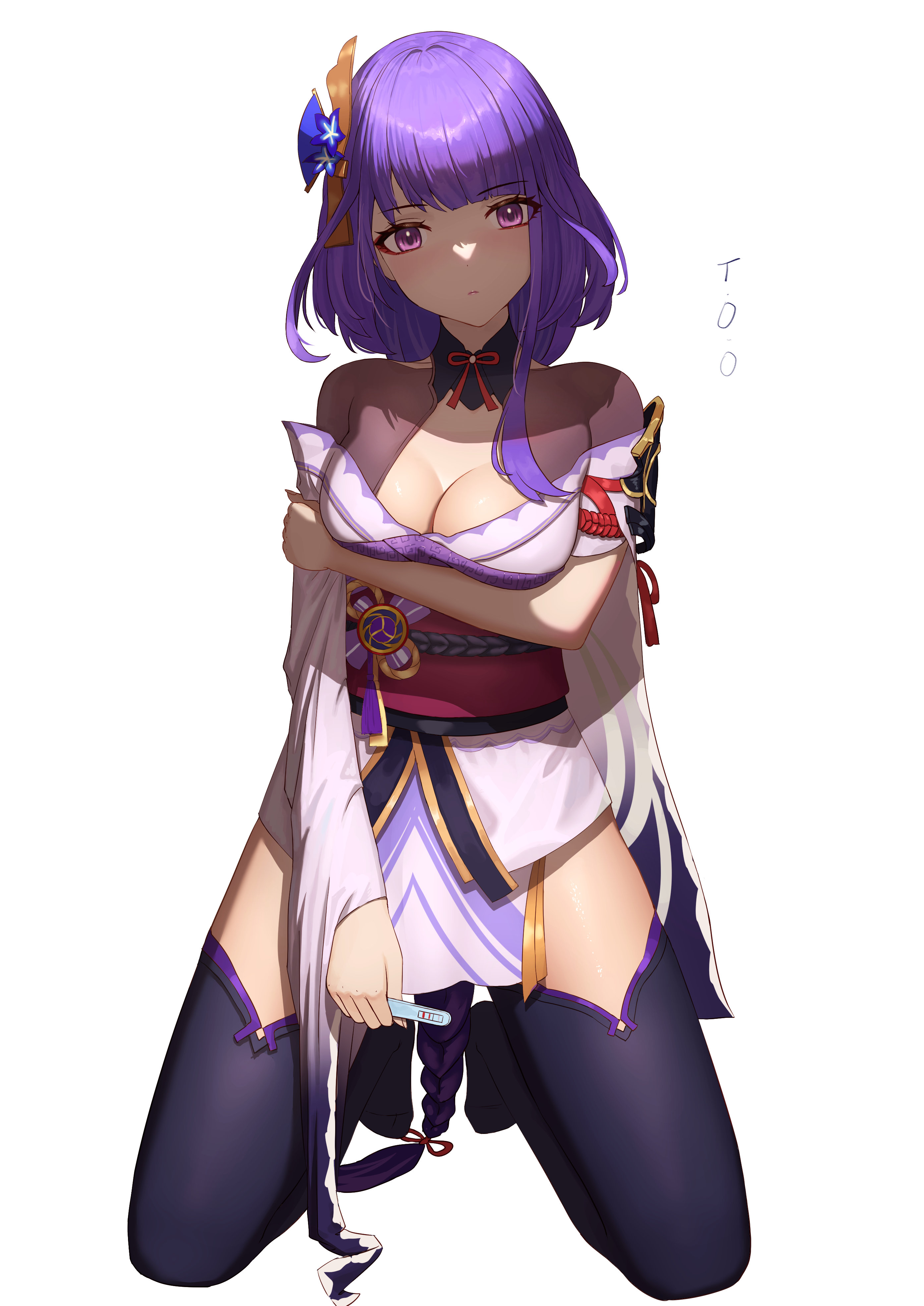 arm under breasts, black legwear, black thighhighs, braid, braided hair, breasts, cleavage, female, female only, genshin impact, hair ornament, japanese clothes, long hair, looking at viewer, medium breasts, obi, off shoulder, pregnancy test, purple eyes, purple hair, raiden shogun, solo, thighhighs