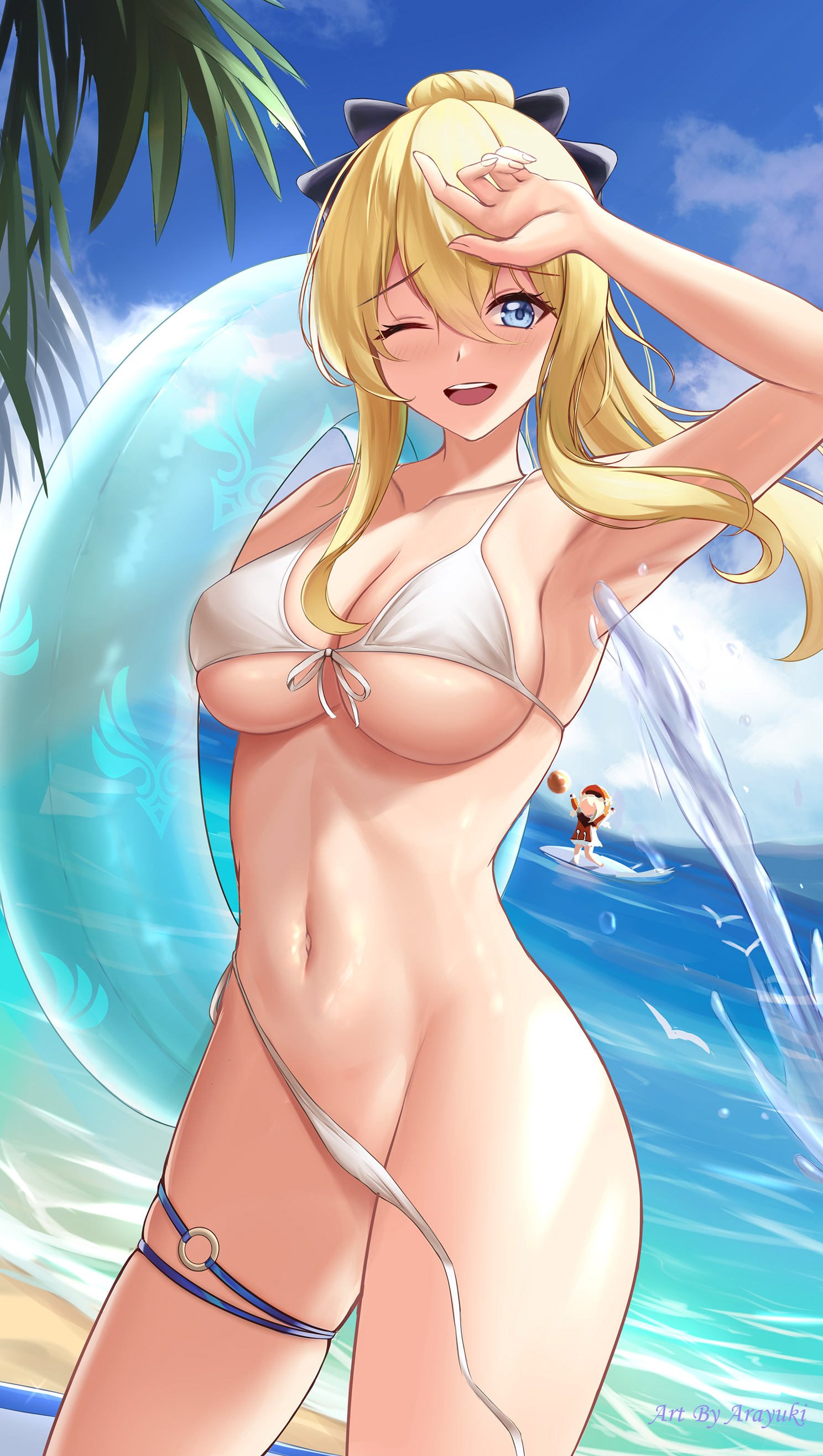 1girls, arayuki (sakurafubuki), armpits, beach, big breasts, bikini, blonde hair, blue eyes, blush, breasts, curvy, female, female only, front-tie top, genshin impact, groin, hi res, jean gunnhildr, klee (genshin impact), looking at viewer, mature female, navel, one eye closed, ponytail, smile, solo, surfboard, underboob, untied bikini, wardrobe malfunction, white bikini