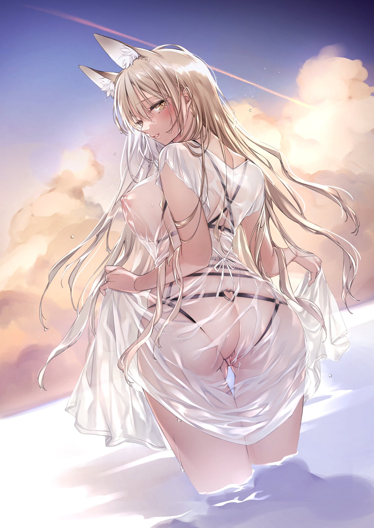 big breasts, blonde hair, blush, breasts, female, female only, fox ears, fox girl, harness, inner ear fluff, kemonomimi, kitsune, long hair, looking at viewer, looking back, no bra, no panties, original, partially submerged, pussy, rear view, see-through clothing, shizu-chan, sideboob, thigh gap, water, wet, wet clothes, wet skin, wide hips, yellow eyes, yukibuster
