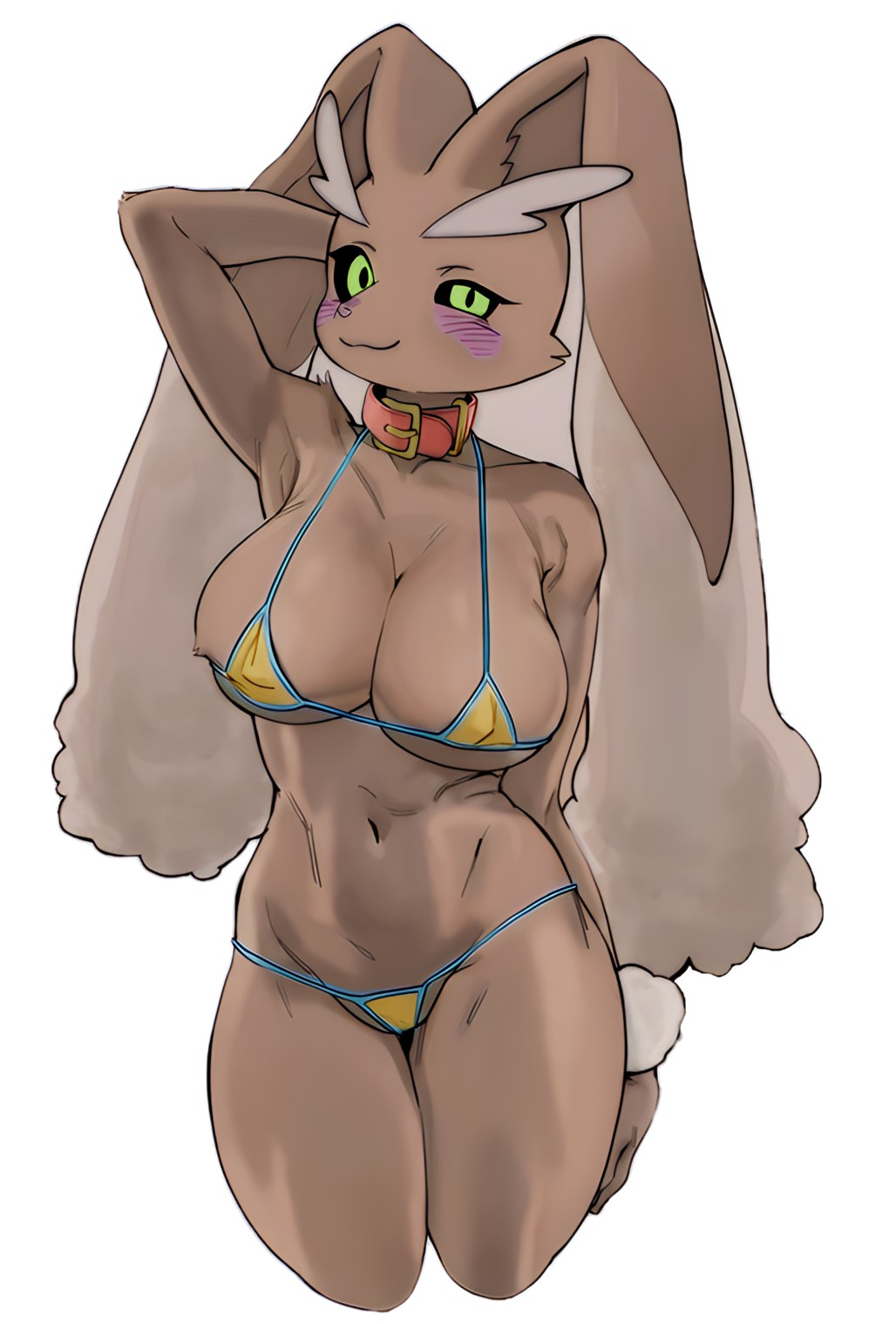 brown fur, edited, female, green eyes, gudlmok99, lopunny, nintendo, partially clothed, pokémon (species), pokemon, pokemon (species), rabbit, solo focus