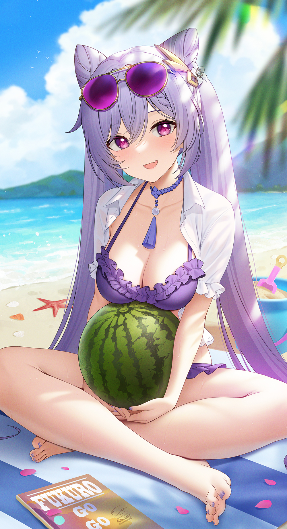 1girls, barefoot, beach, big breasts, bikini, blush, breasts, busty, cleavage, feet, female, fukuro ko (greentea), genshin impact, keqing (genshin impact), purple eyes, purple hair, smile, spread legs, sunglasses, sunglasses on head, sweat, toes, twintails, watermelon