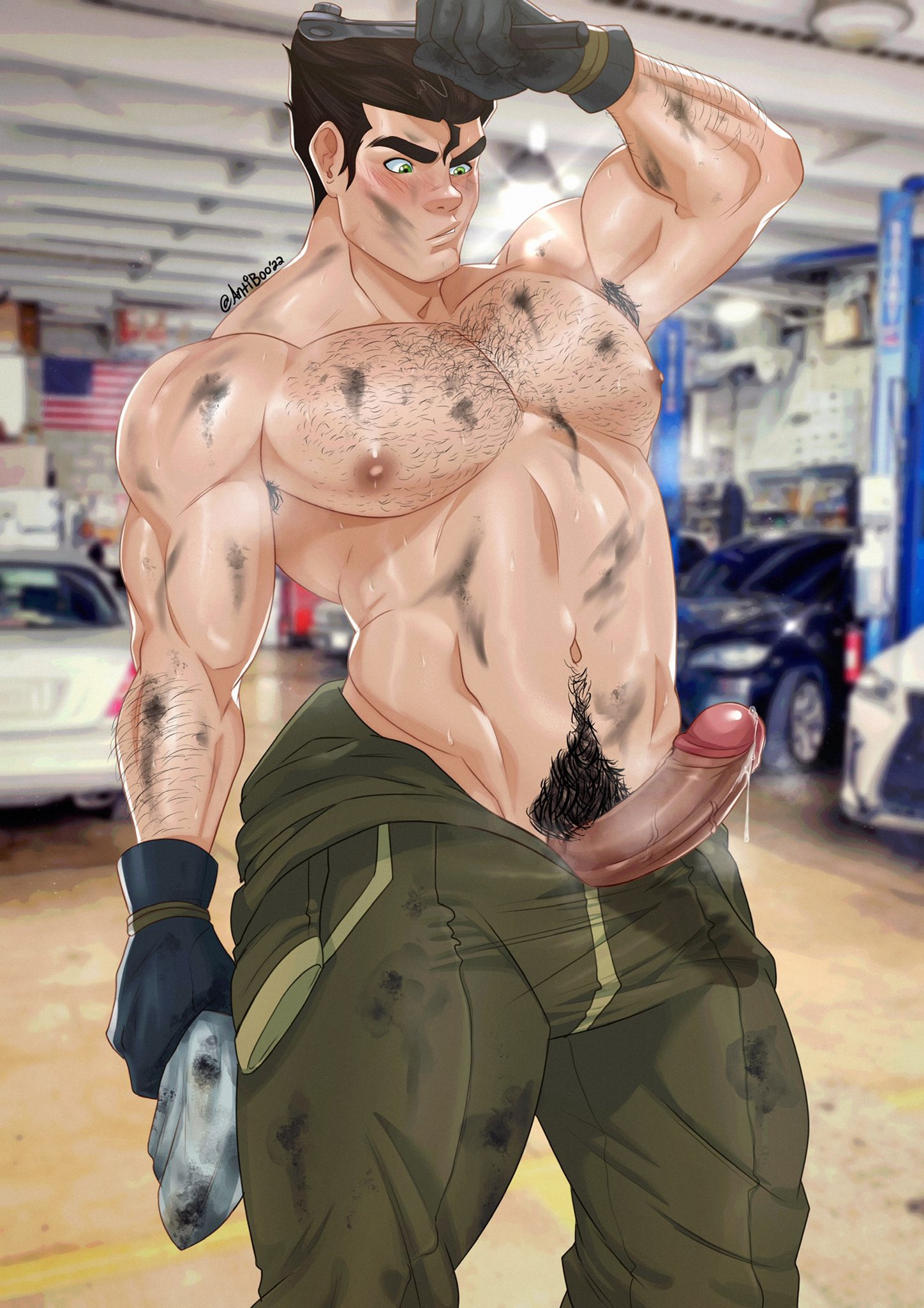 antibooart, avatar the last airbender, bolin, clothing, cum, dick, dirty, gay, gay male, male, male only, mechanic, nickelodeon, penis, pubic hair, smooth skin, stain, the legend of korra, yaoi