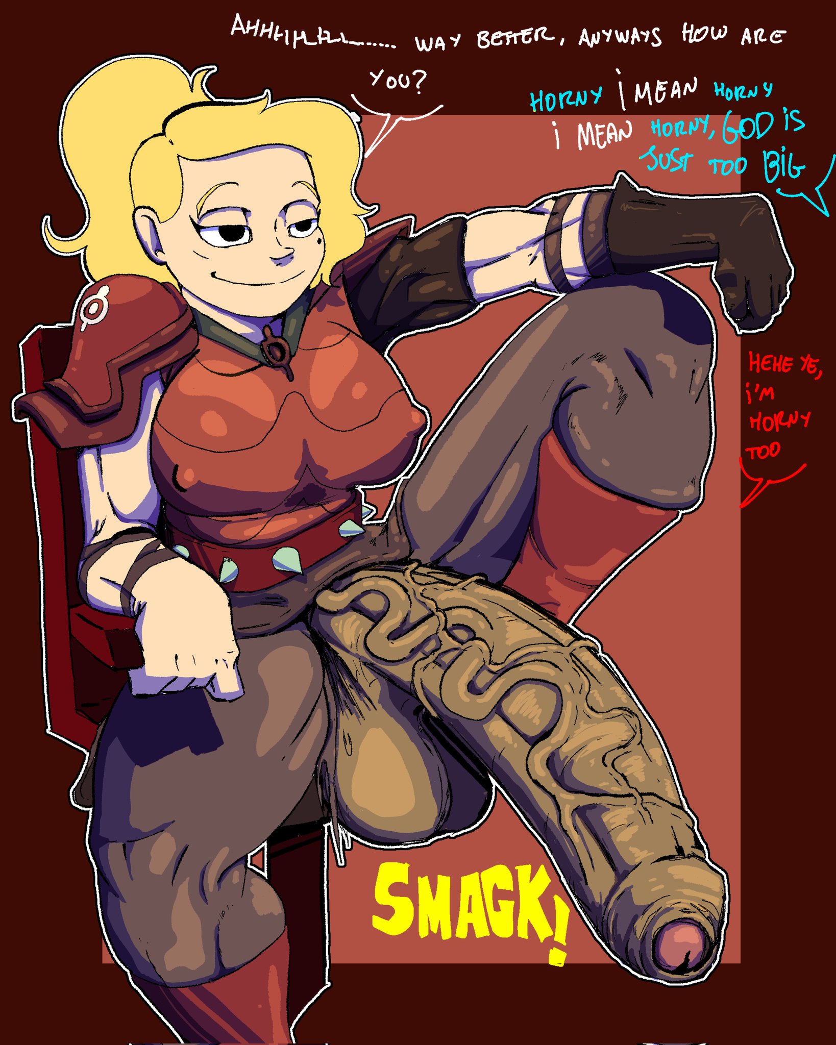 1futa, amphibia, anne boonchuy, balls, balls expansion, balls growth, balls growth (enlargement), big breasts, big penis, blonde hair, breasts, casual exposure, casual nudity, clothed, clothing, dark penis, darkened genitalia, dialogue, disney, english text, foreskin, futa only, futanari, genital expansion, genital growth, genital growth (enlargement), huge penis, human, ineffective clothing, intersex, libi dos, libinick, light skin, light-skinned futa, long hair, long penis, mostly clothed, offscreen character, partially retracted foreskin, penis, penis awe, penis expansion, penis growth, penis growth (enlargement), retracted foreskin, sasha waybright, sitting, smug, solo, straight hair, text, too big, too big (phrase), torn clothes, uncensored, uncircumcised, uncut