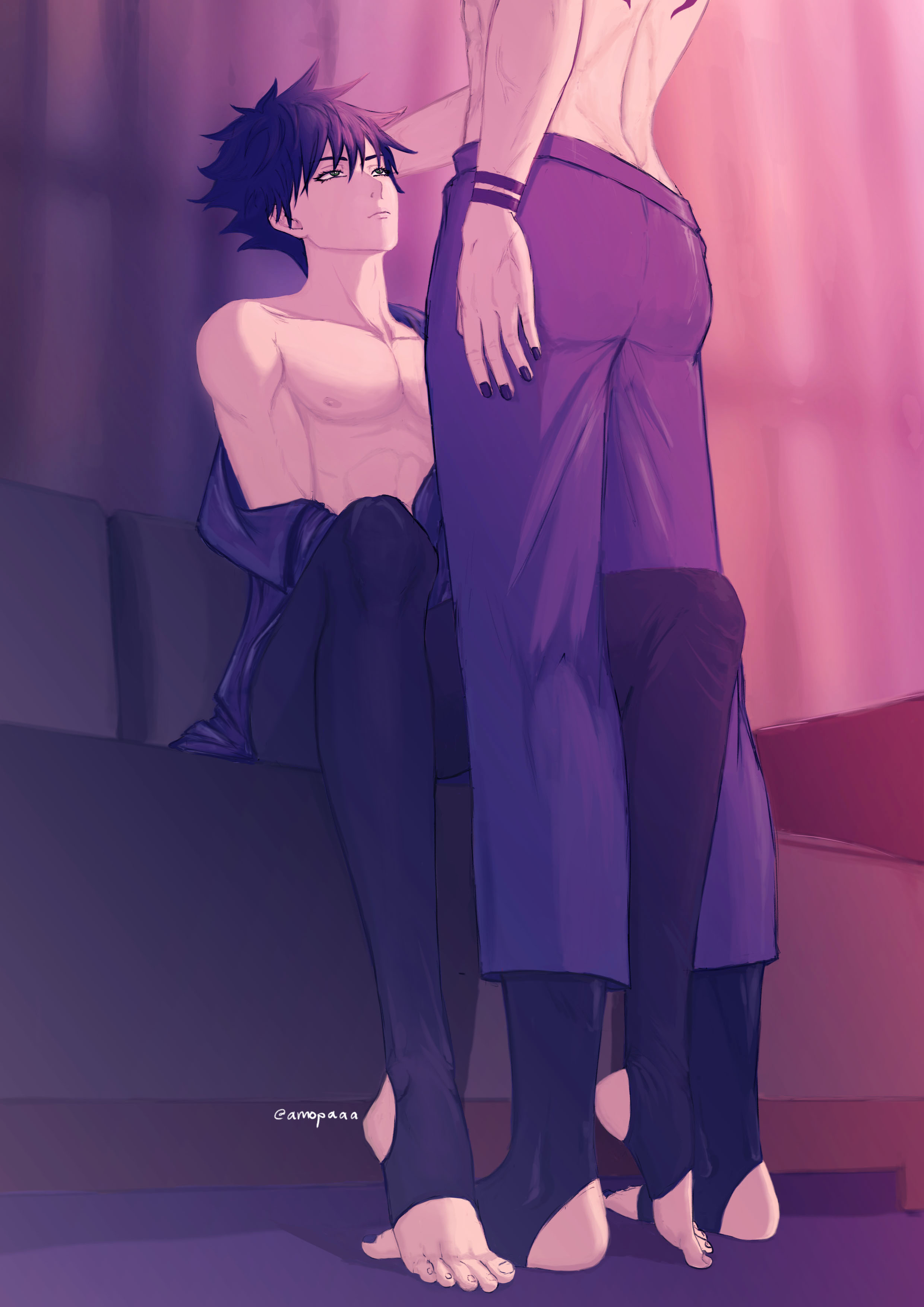 2boys, abs, amopaaa, arm tattoo, back, back tattoo, black hair, black legwear, black nails, couch, eyelashes, feet, full body, fushiguro megumi, gay, green eyes, indoors, jacket, jujutsu kaisen, looking at another, looking up, male, male focus, male only, male/male, multiple boys, multiple males, nail polish, nipples, no pants, no shoes, pants, pectorals, ryoumen sukuna (jujutsu kaisen), short hair, sitting, spiked hair, standing, stirrup legwear, suggestive, tattoo, toeless legwear, toenail polish, toenails, toes, toned, topless male, undressing, yaoi