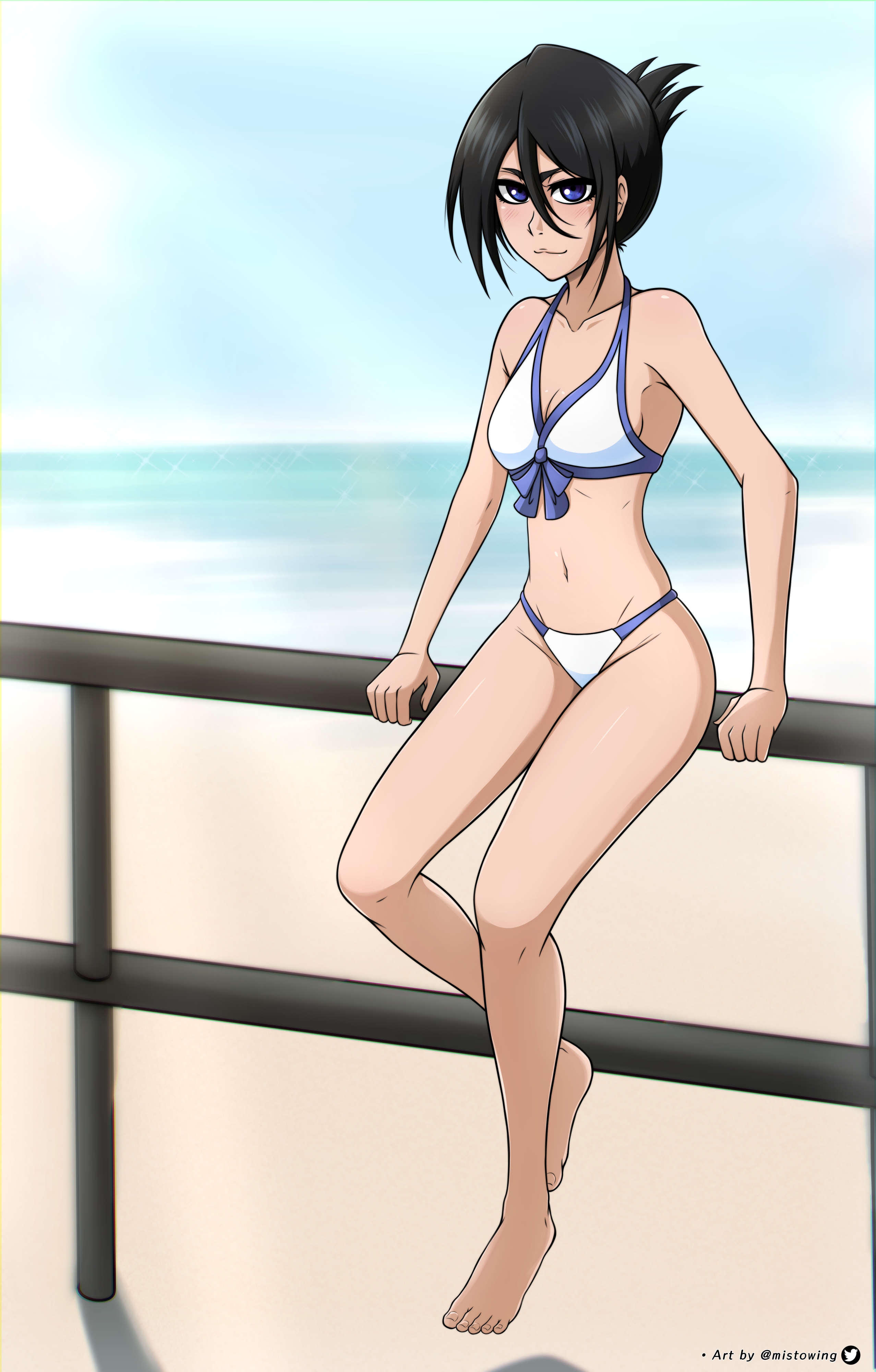 1girls, barefoot, bleach, clothed, feet, female, female only, kuchiki rukia, mistowing, solo, toes