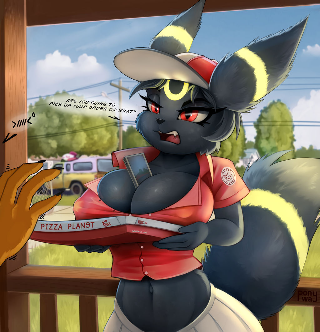 anthro eeveelution nintendo phone pizza pizza_box pizza_delivery pizza_girl pokémon_(species) pokemon ponyway text_box umbreon