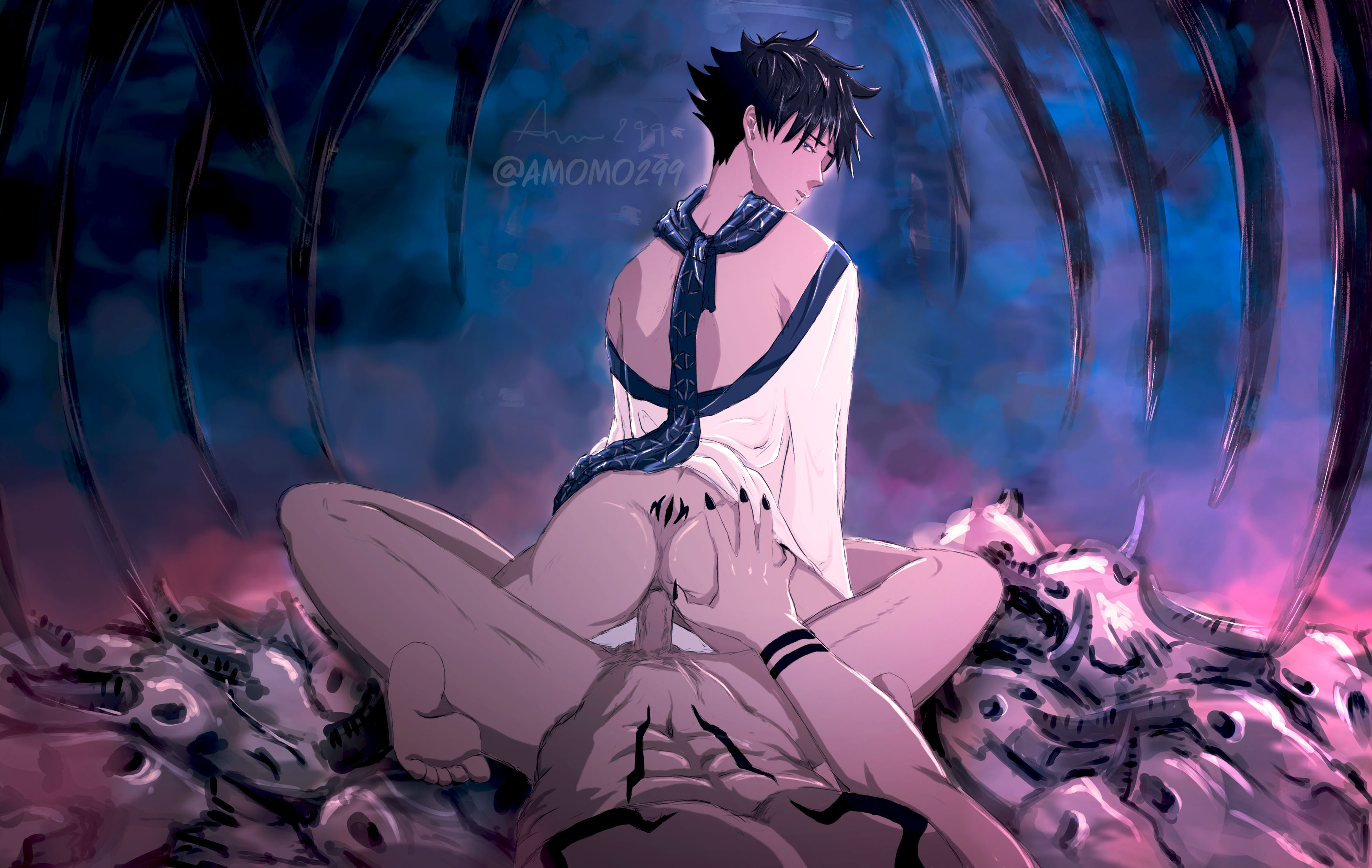 2boys, abs, amomo299, anal, anal sex, animal skull, arm tattoo, ass, ass grab, back, black hair, black nails, blue eyes, boy on top, chest tattoo, couple, feet, fushiguro megumi, gay, gay sex, japanese clothes, jujutsu kaisen, kimono, looking back, lying, male, male only, male penetrating, male/male, multiple boys, multiple males, muscular, muscular male, nail polish, nude, pectorals, penis, reverse cowgirl position, ryoumen sukuna (jujutsu kaisen), sex, sex from behind, skull, soles, spread ass, spread legs, stomach, stomach tattoo, straddling, tattoo, toes, twink, white kimono, yaoi, younger male